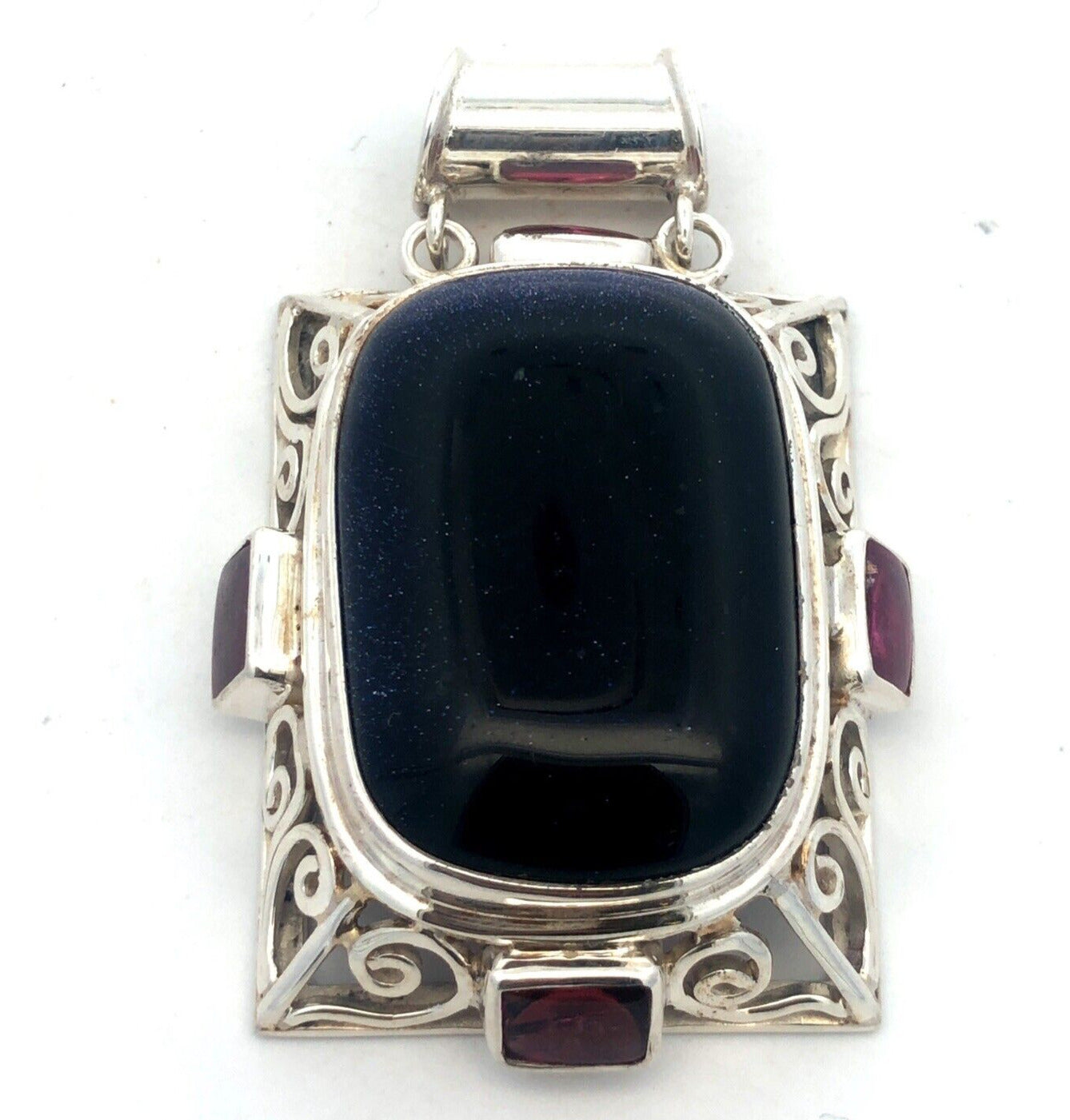 Estate 925 Sterling Silver Rectangle Blue Sandstone Amethyst Statement Pendant