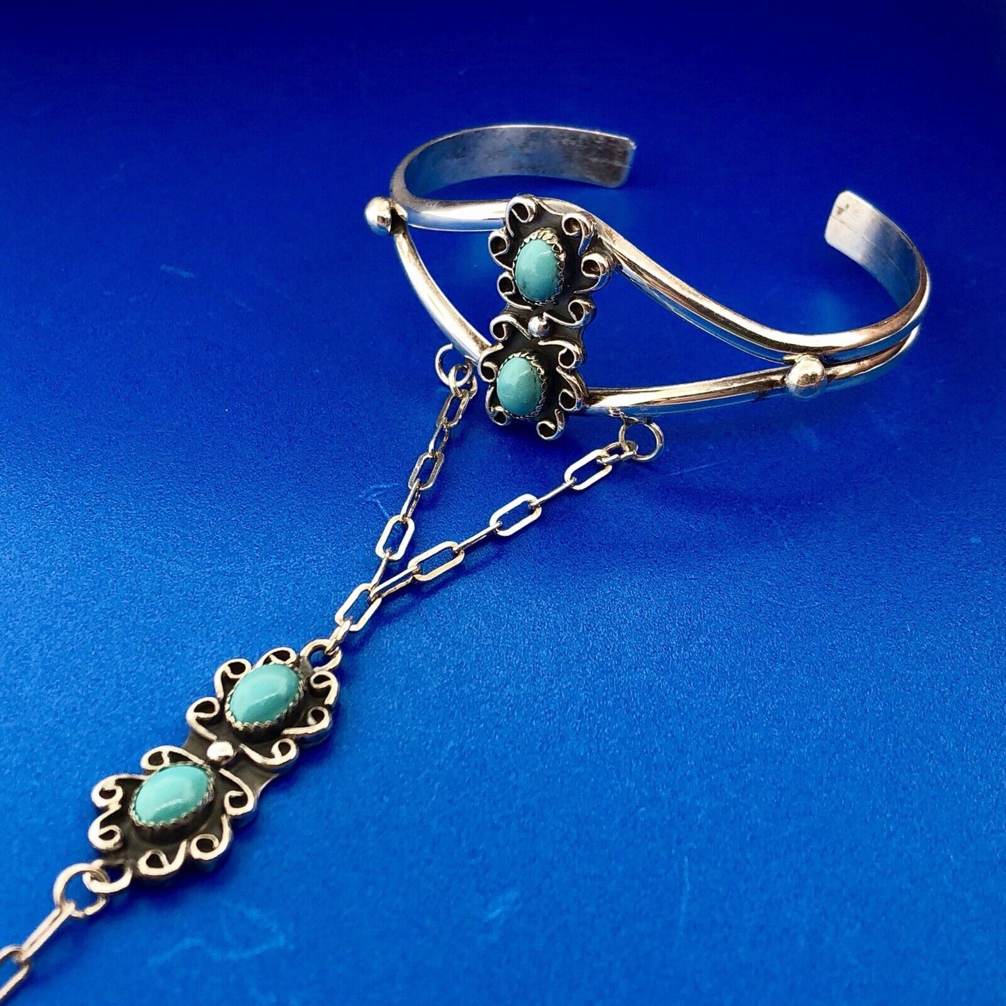 Native American Artisan CM Sterling Silver 925 Turquoise Slave Cuff Bracelet