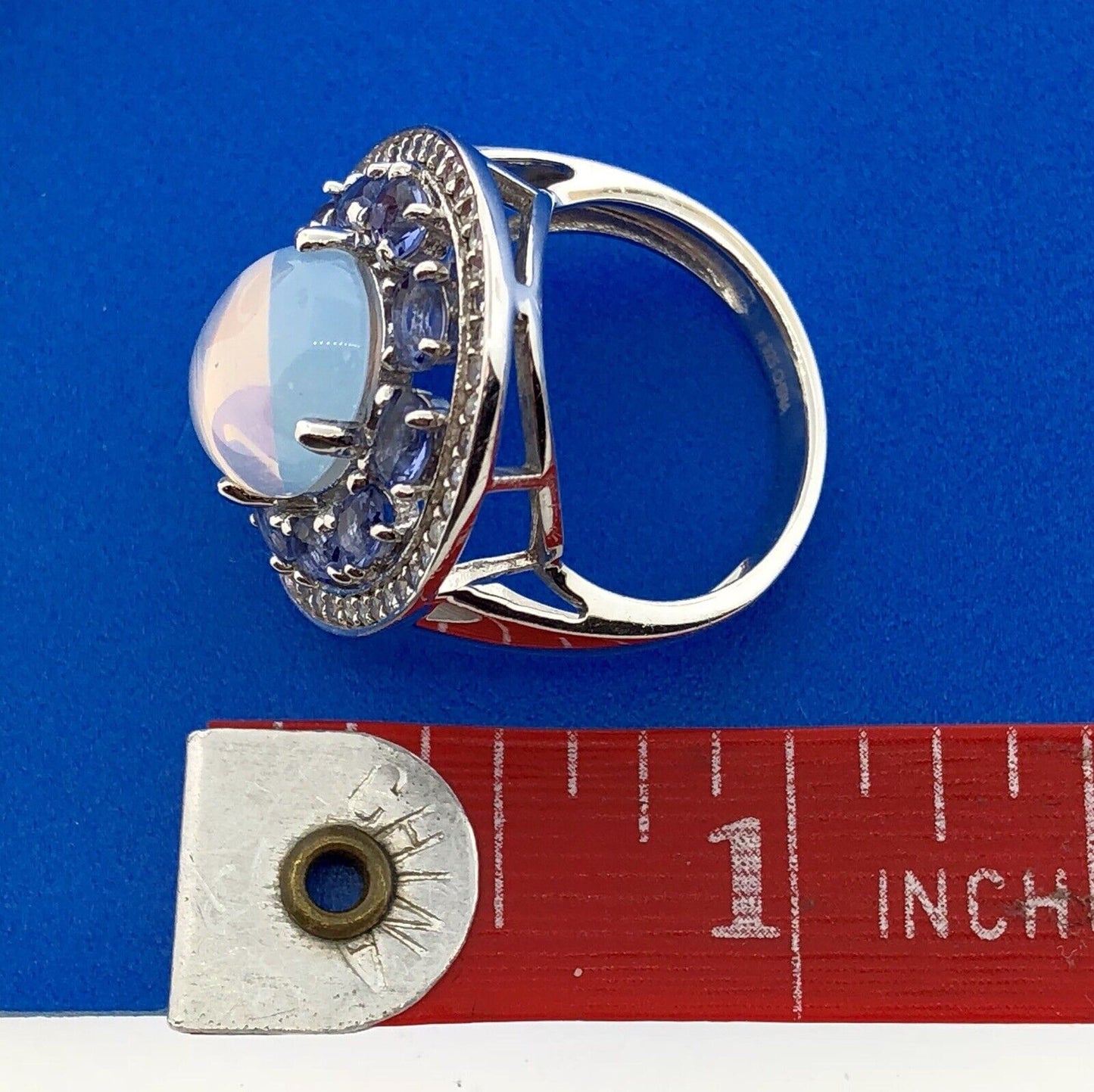 925 Sterling Silver Moonstone Tanzanite Diamond Double Halo Statement Ring