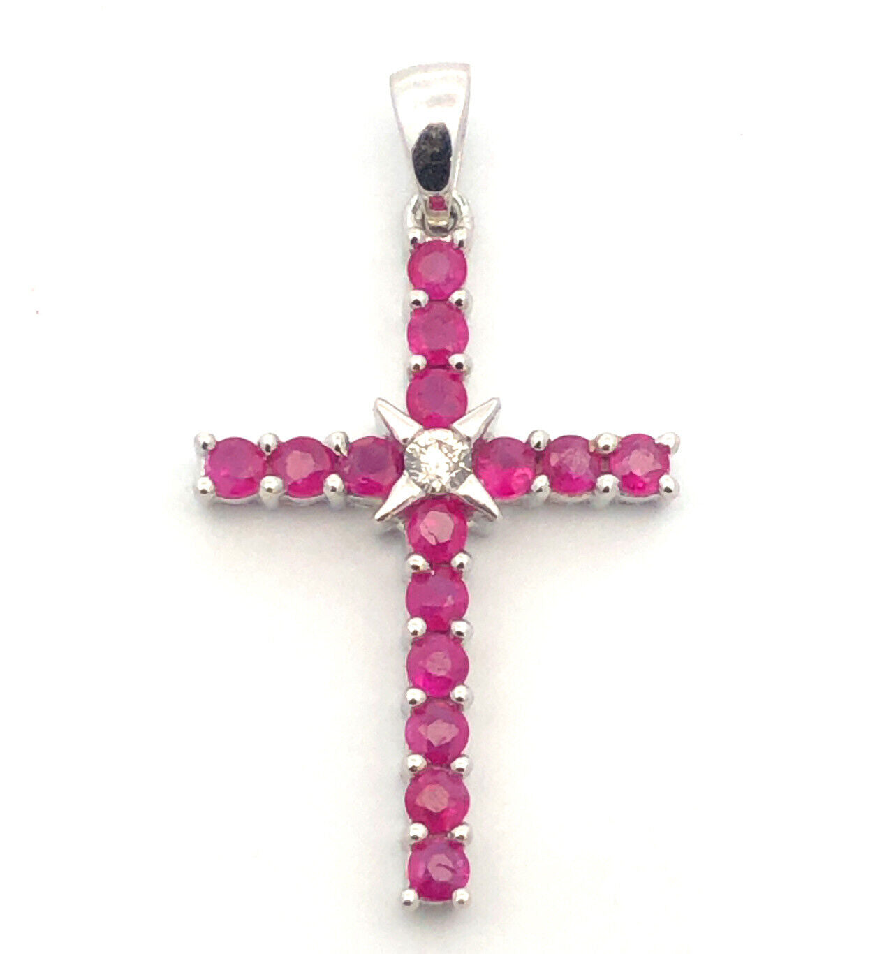 14K White Gold Ruby Diamond Cross Religious Communion Wedding July Pendant