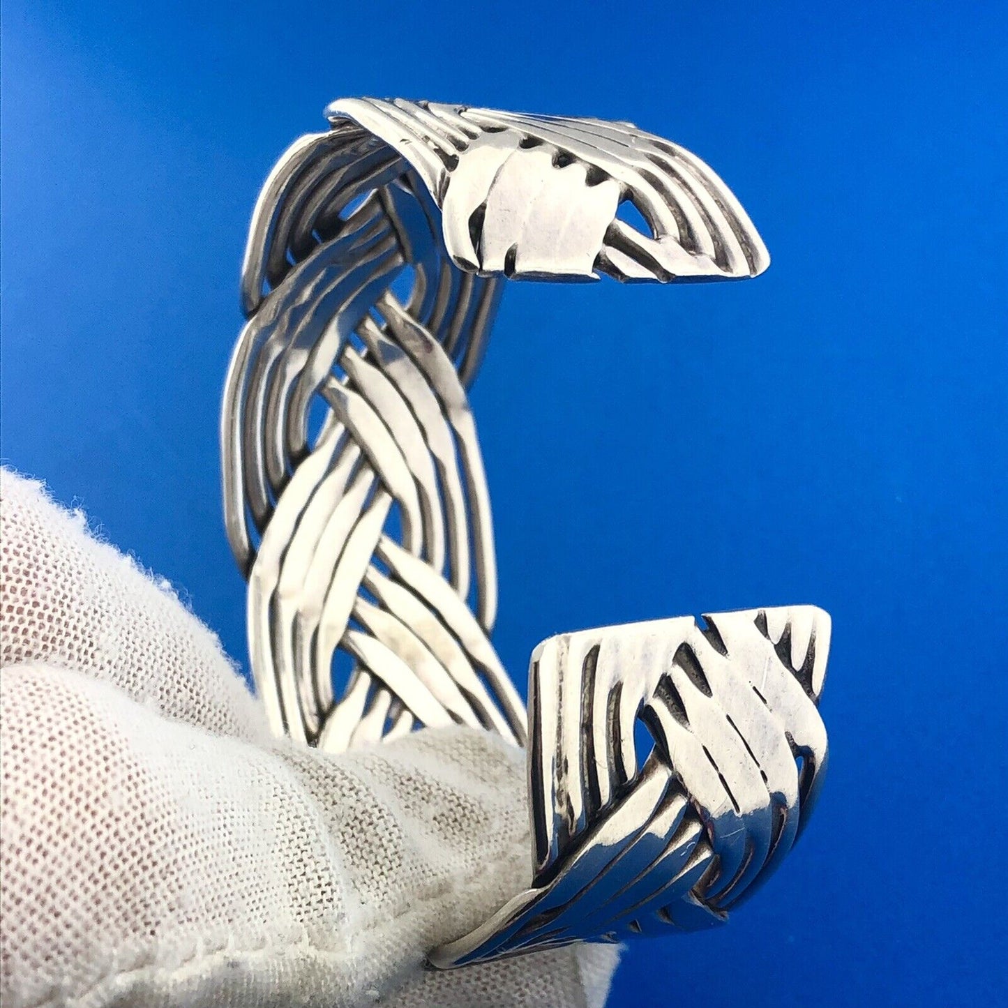 Vintage Taxco Mexico TE-5 925 Sterling Silver Basket Weave Open Cuff Bracelet
