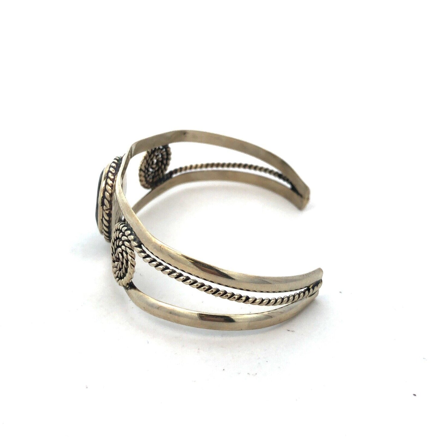 Vintage Mexico Alpaca 925 Sterling Silver Round Abalone Filigree Cuff Bracelet