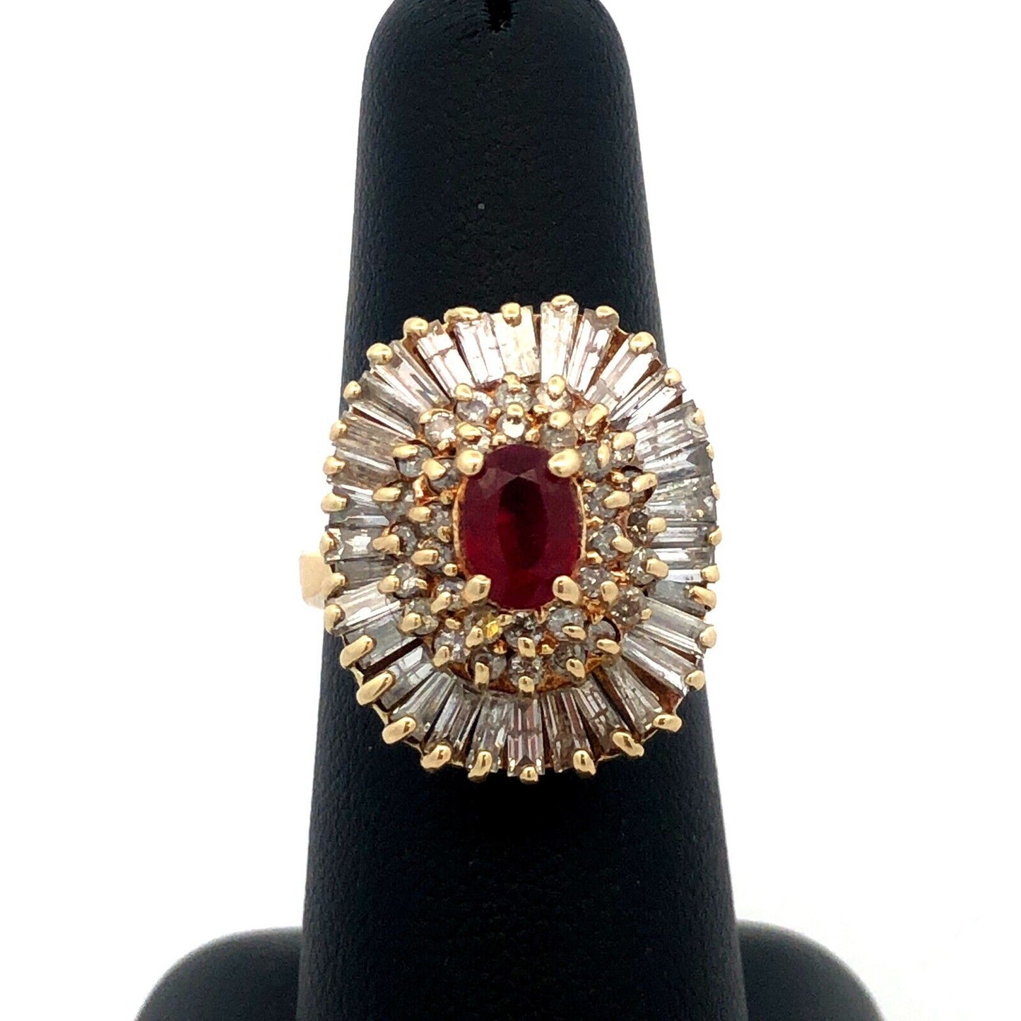 Estate 14K Yellow Gold Ruby Center Diamond Halo July Anniversary Statement Ring