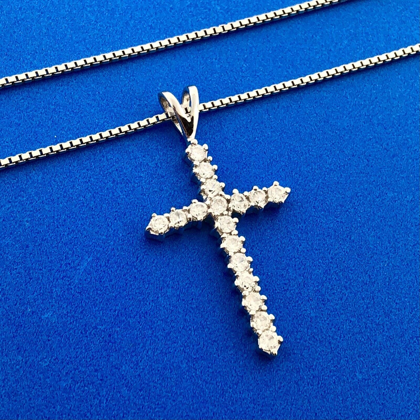 Stunning Sterling Silver 925 CZ Religious Faith 20" Box Chain Cross Necklace