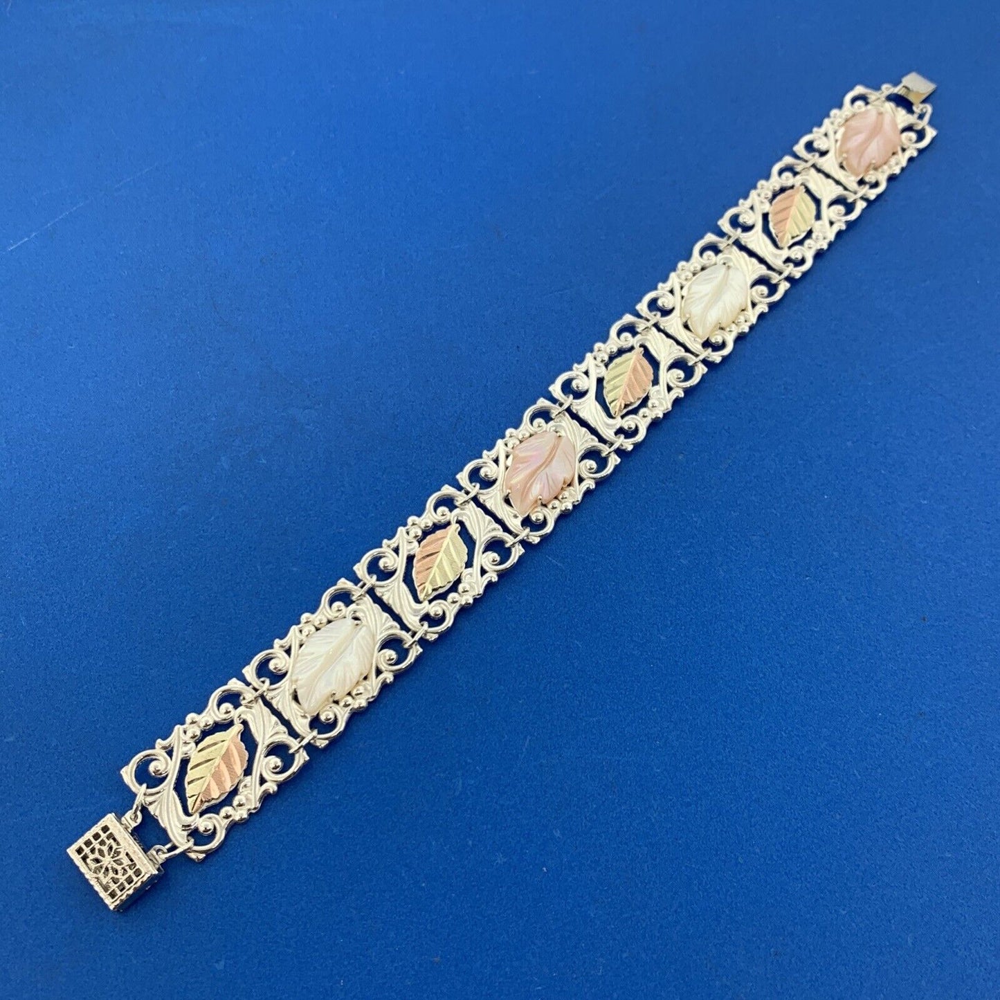 925 Sterling Silver 12K Yellow Rose Gold Mother Of Pearl Leaf Panel Bracelet