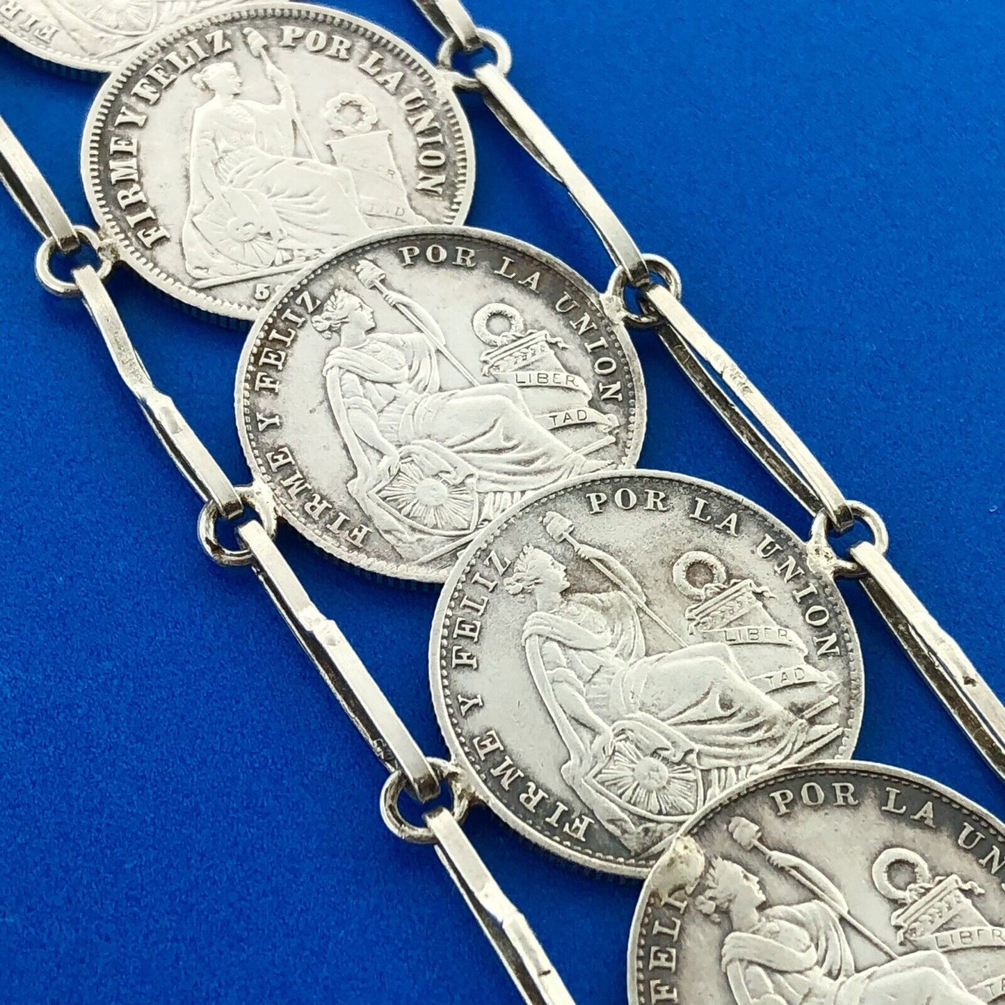 Vintage 925 Sterling Silver 900 Fine Peru 1/5 Sol Eight Coin Panel Bracelet