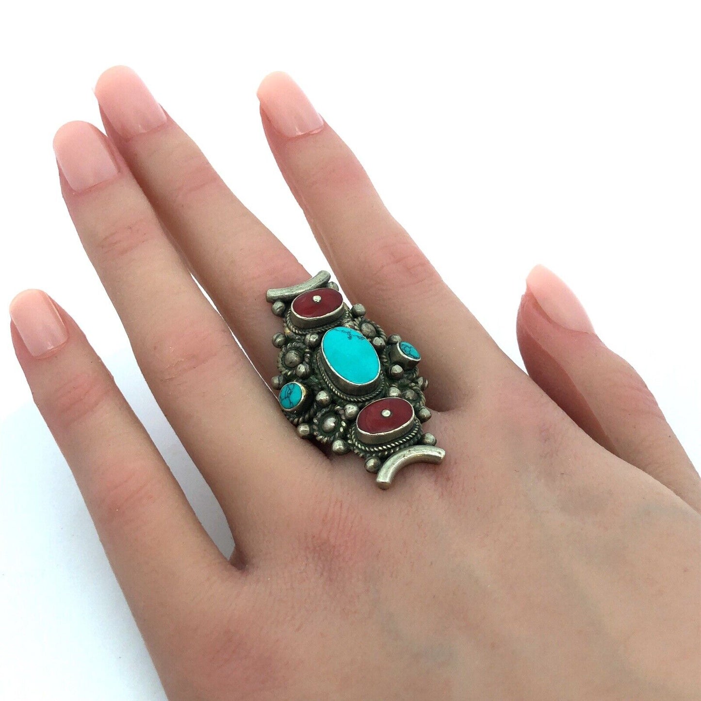 Native American Silver Plate Oval Turquoise Red Coral Detailed Statement Ring