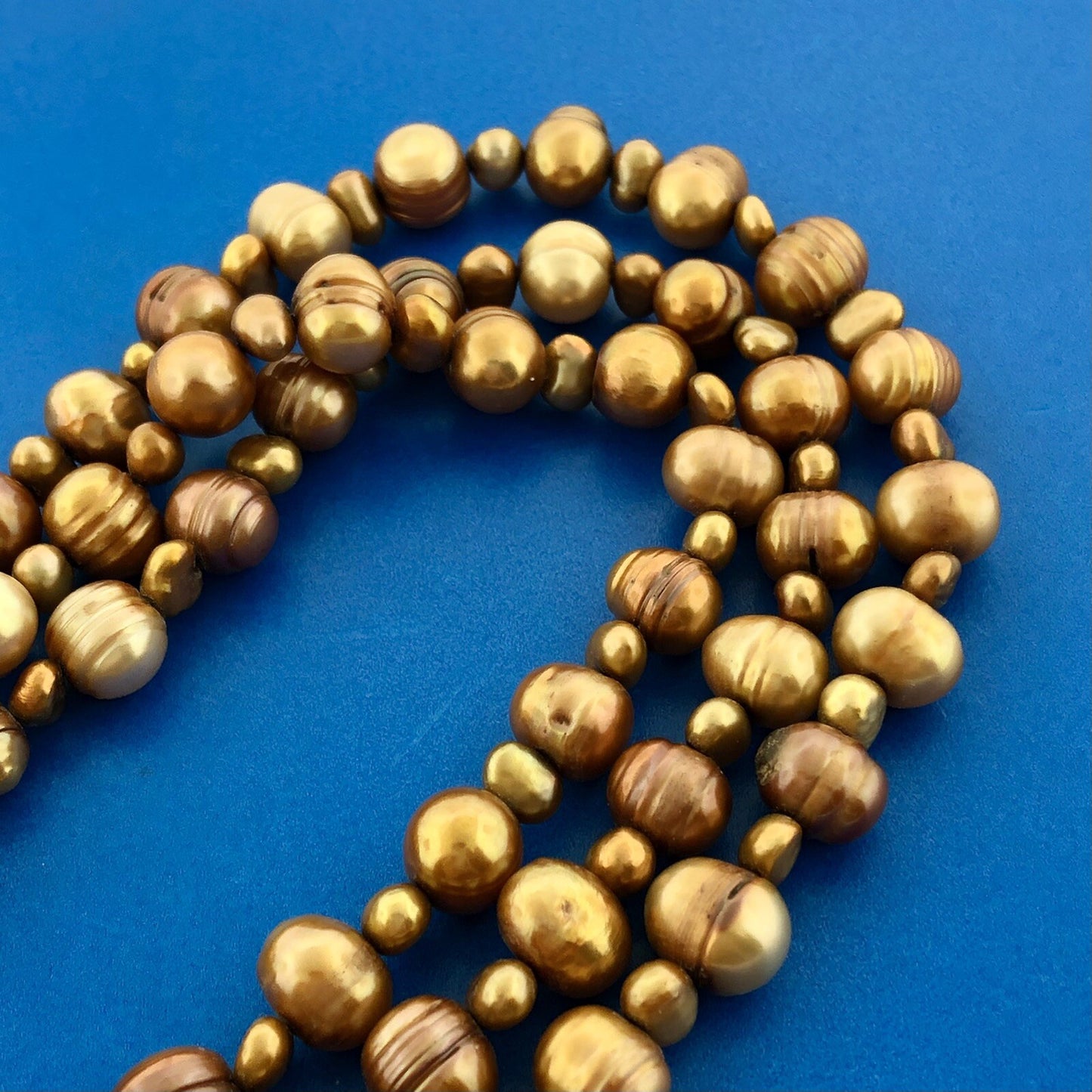 PJS 14K Yellow Gold Bronze Copper Pearl 3 Tier Drop Statement Necklace