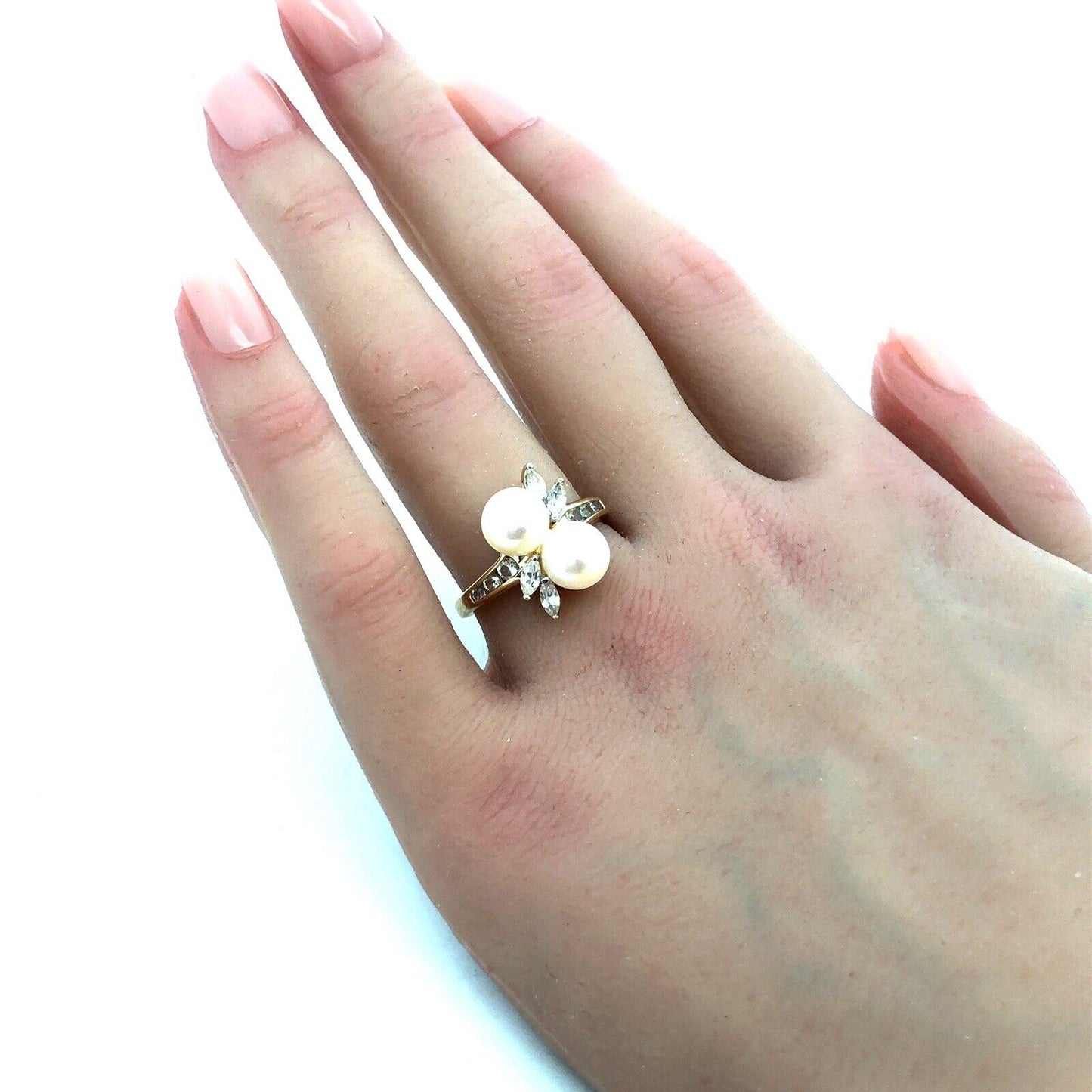 Designer AV 10K Yellow Gold Round White Pearl Duo Marquise Topaz Accent Ring