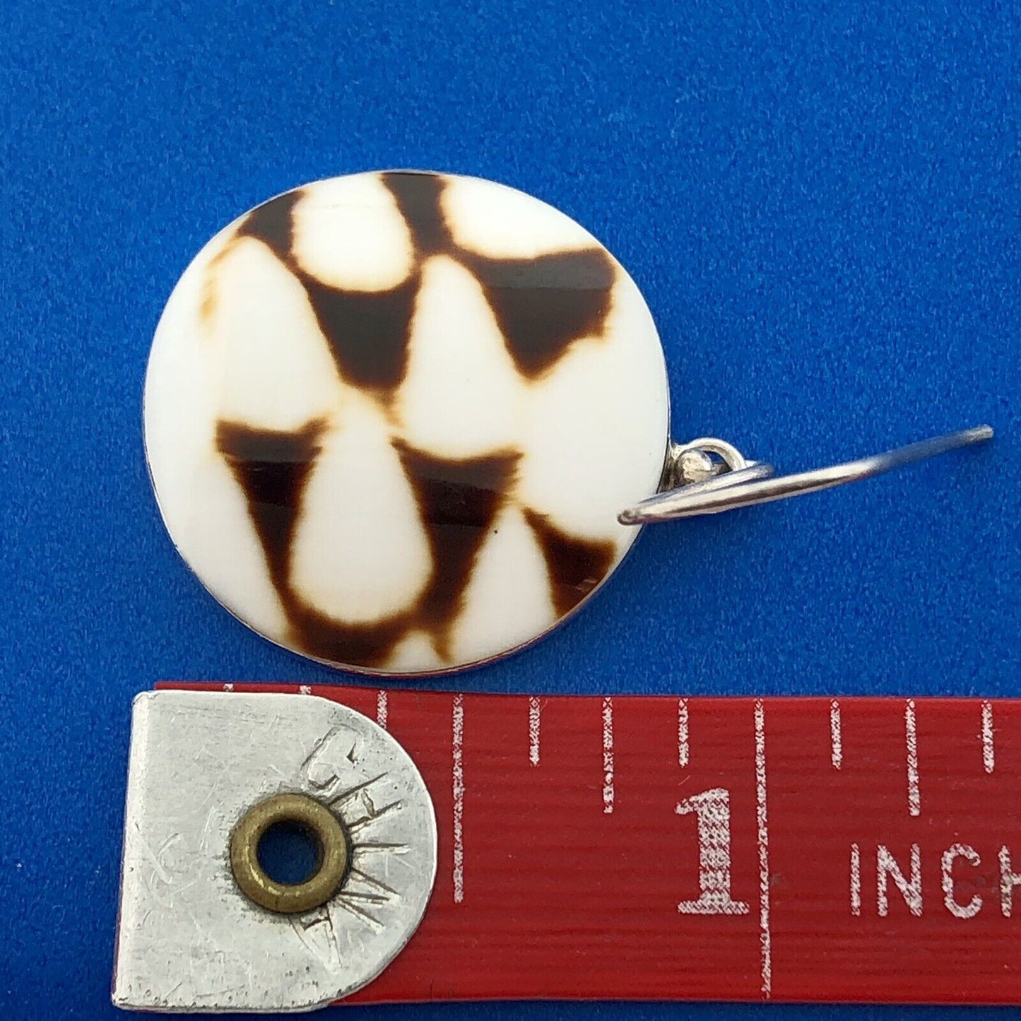 Retro 925 Sterling Silver Brown White Enamel Spotted Skin Disc Dangle Earrings