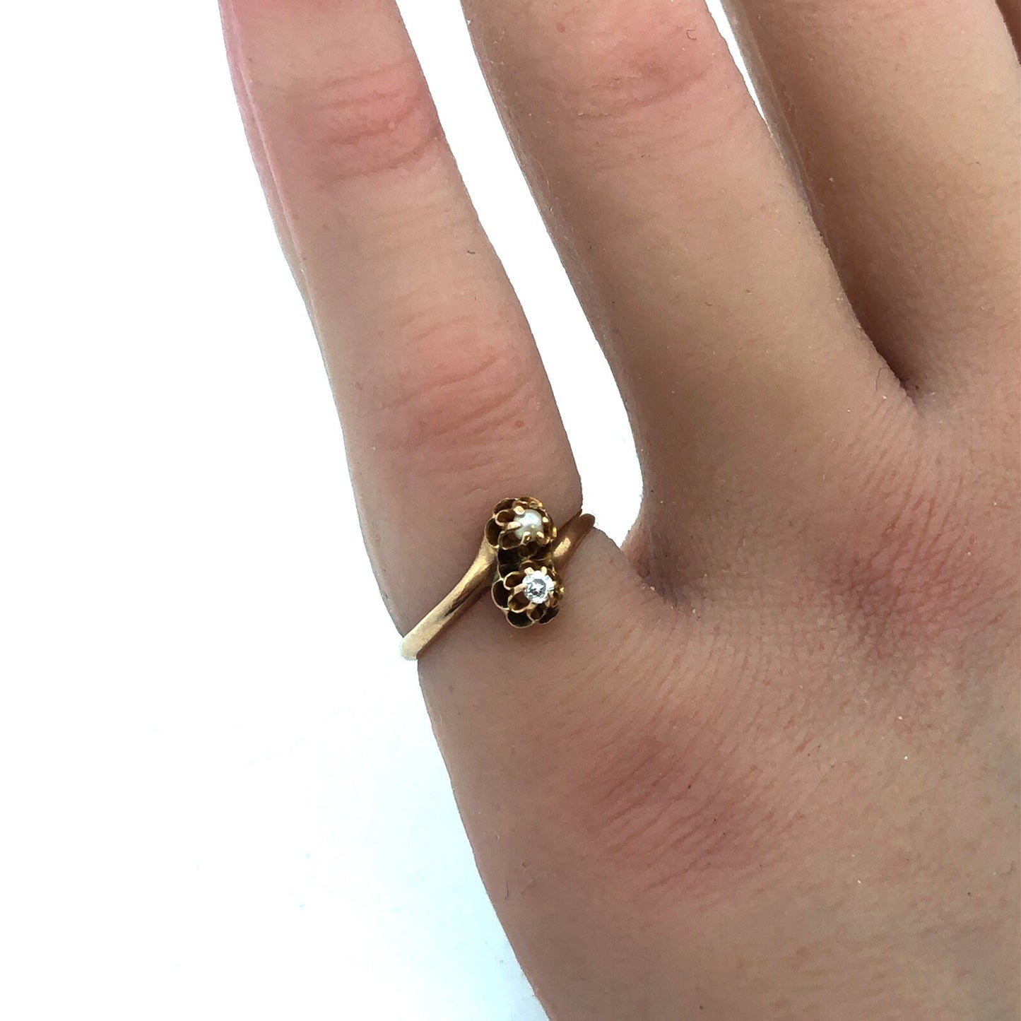 Vintage 10K Yellow Gold Diamond Pearl Bypass Sweetheart Promise Ring Size 3.4