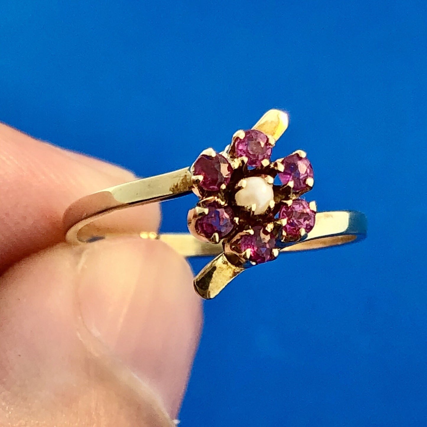Vintage 14K Yellow Gold Ruby Pearl Flower Cluster July Sweetheart Bypass Ring