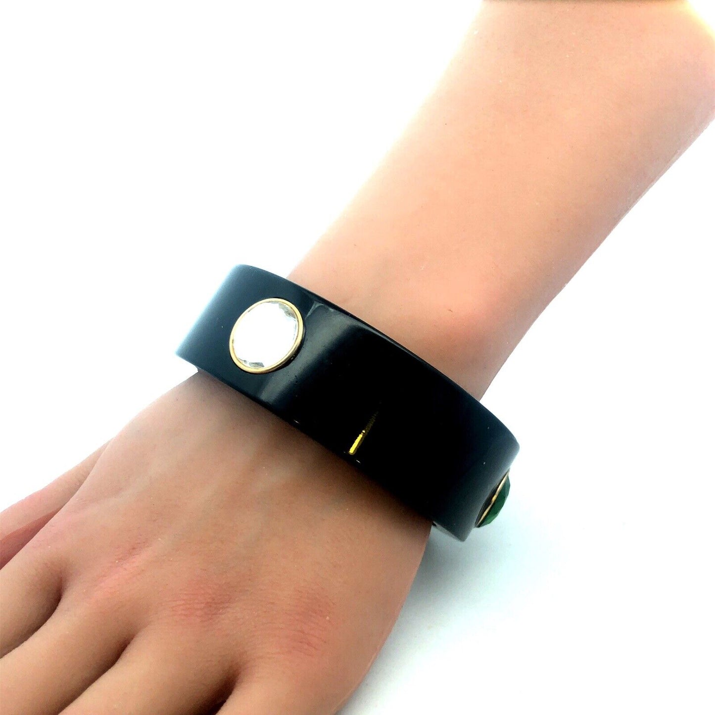 1980's Black Laquer Plastic Red White Green Jewelled Statement Bangle Bracelet
