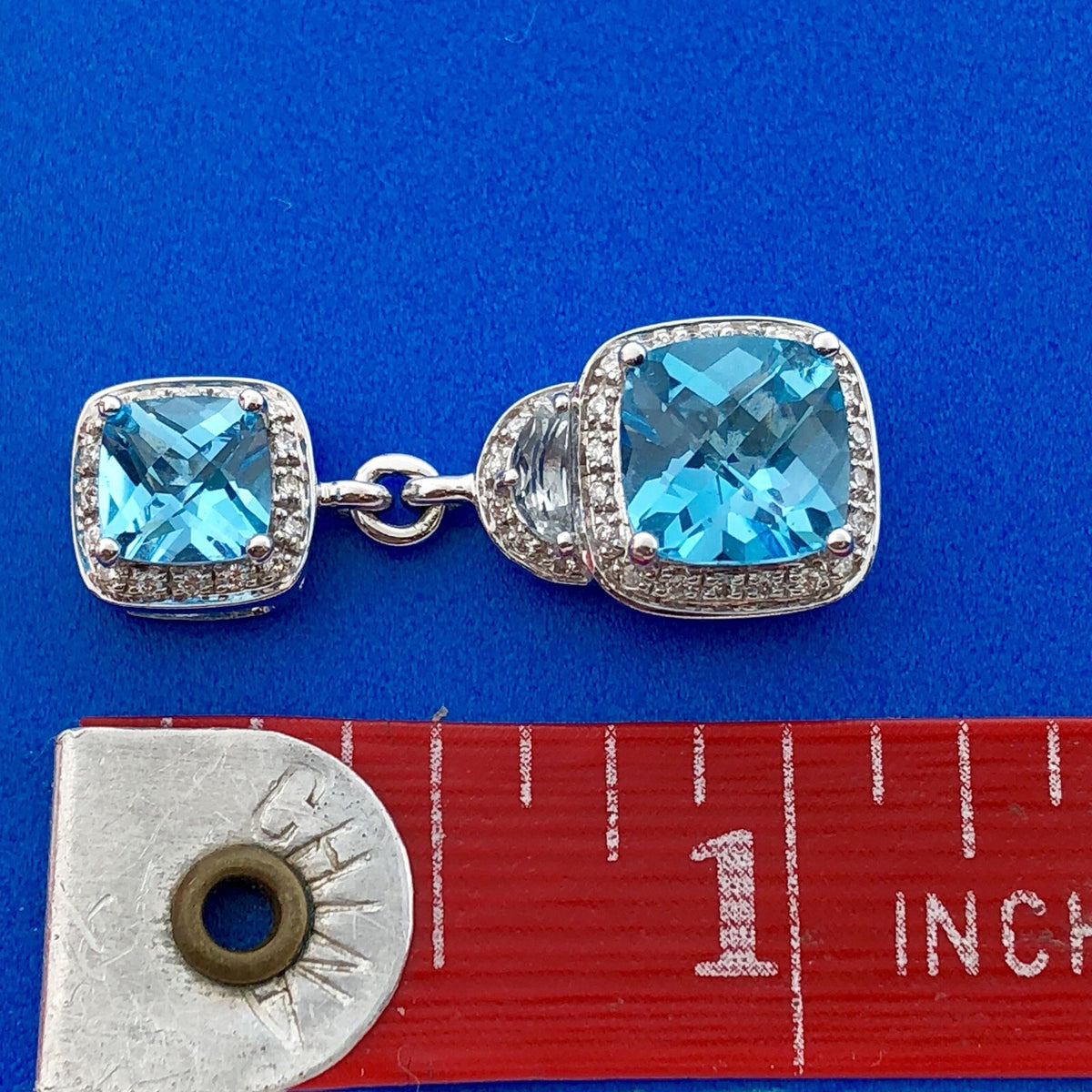 Stunning 14K White Gold Blue Topaz Diamond Aquamarine Accent Double Drop Pendant