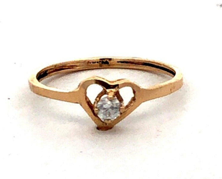 Estate 14K Yellow Gold Round White Tourmaline Solitaire Heart Love Promise Ring