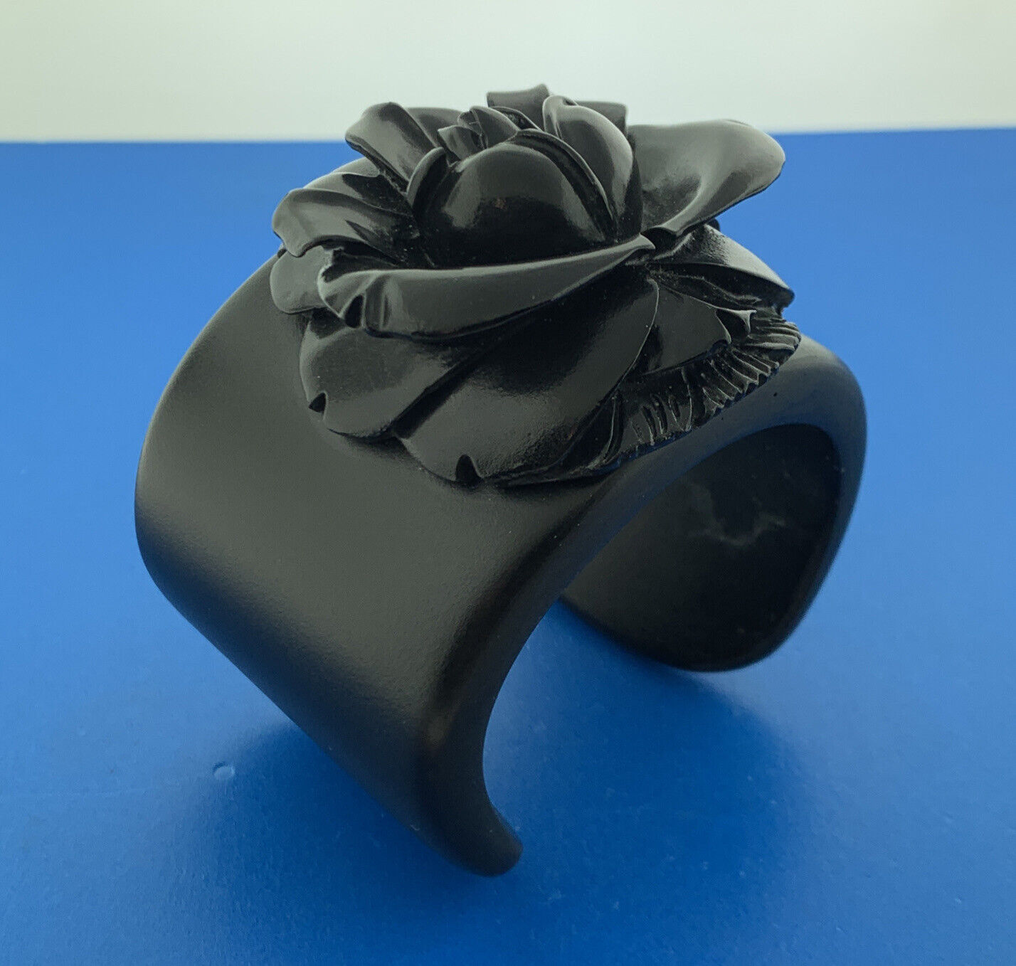 Mid Century Chunky Carved Black Lucite Rose Flower Statement Cuff Bracelet