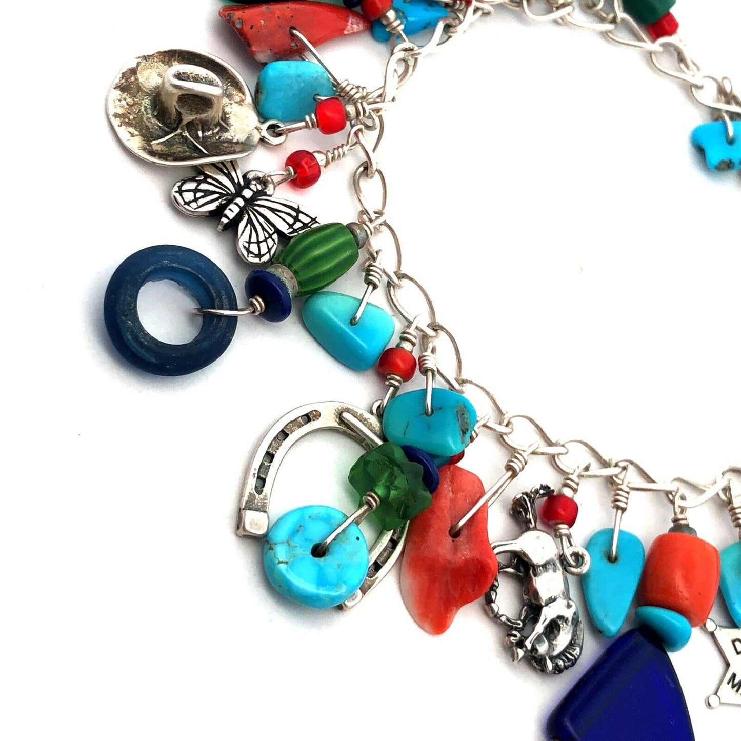 Native American 925 Sterling Silver Multistone Charm Statement Bracelet