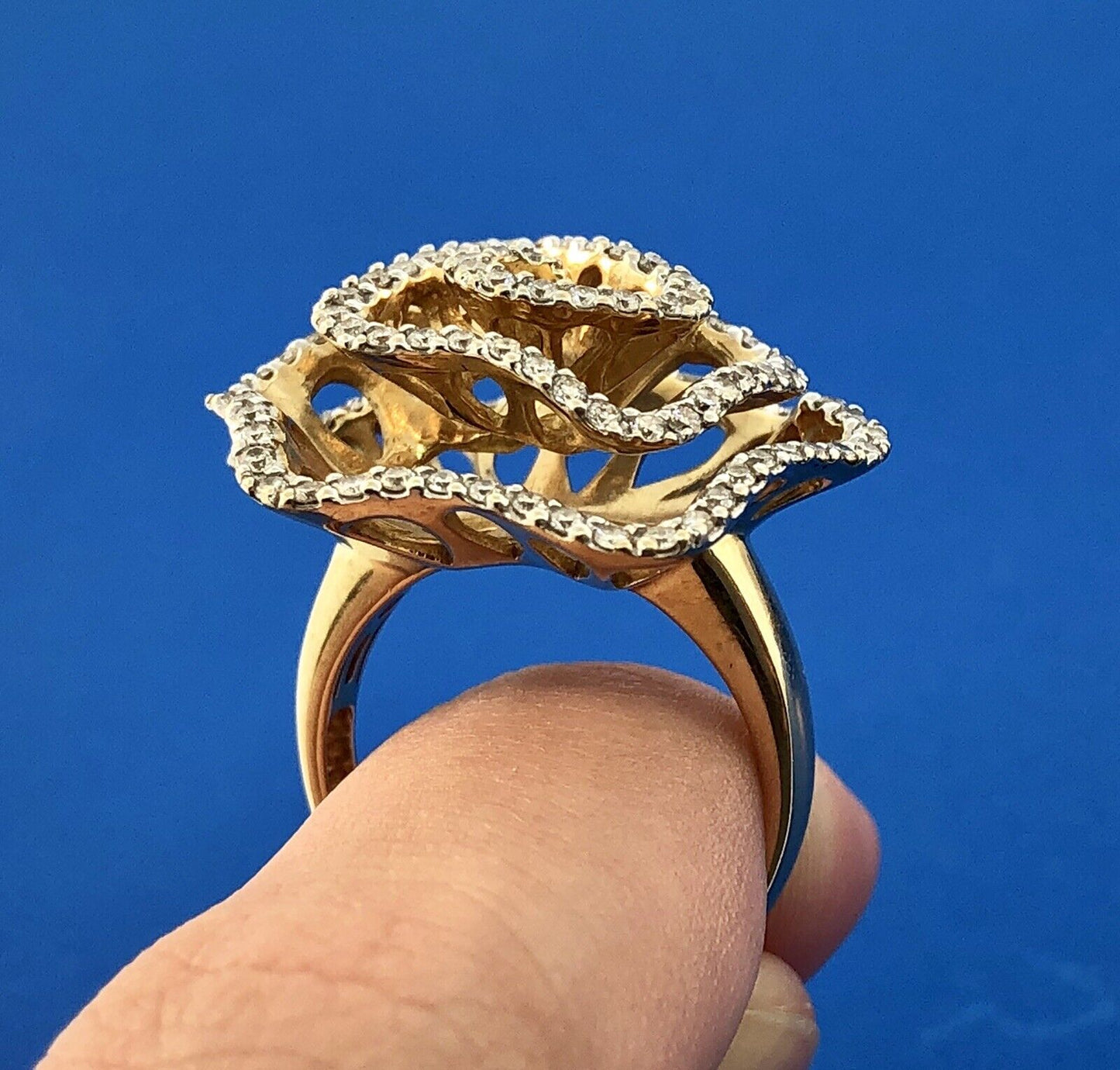 Estate 14K Yellow Gold Diamond Modernist Flower Swirl Statement Cocktail Ring