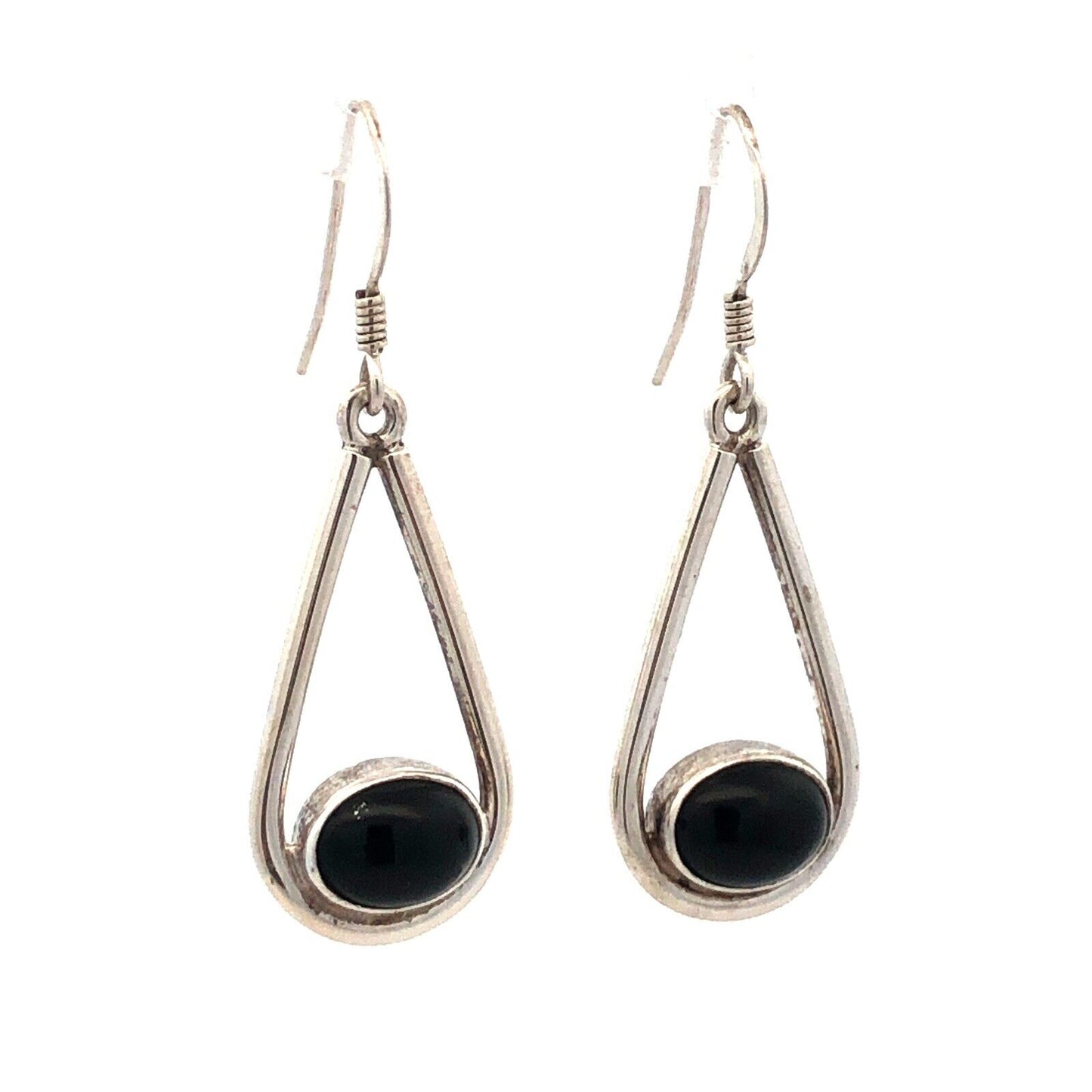 Native American RLH 925 Sterling Silver Oval Black Onyx Hook Dangle Earrings
