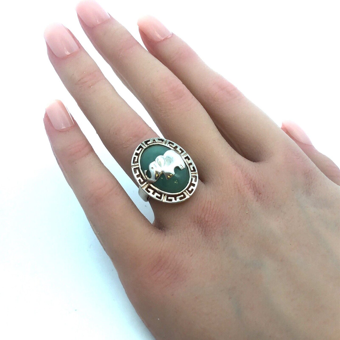 Designer 925 Sterling Silver Jade Oval Cabochon Elephant Statement Cocktail Ring