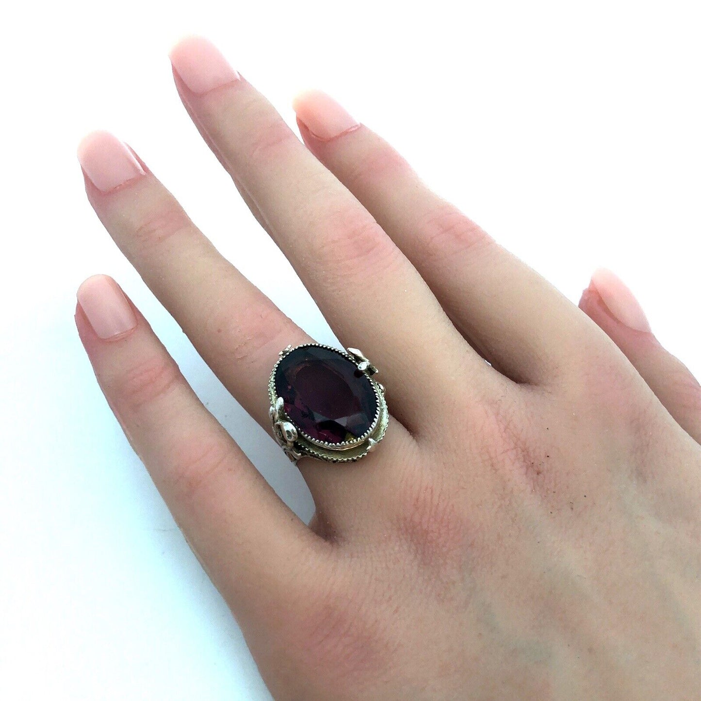 Vintage 925 Sterling Silver Faceted Purple Glass Floral Filigree Scroll Ring