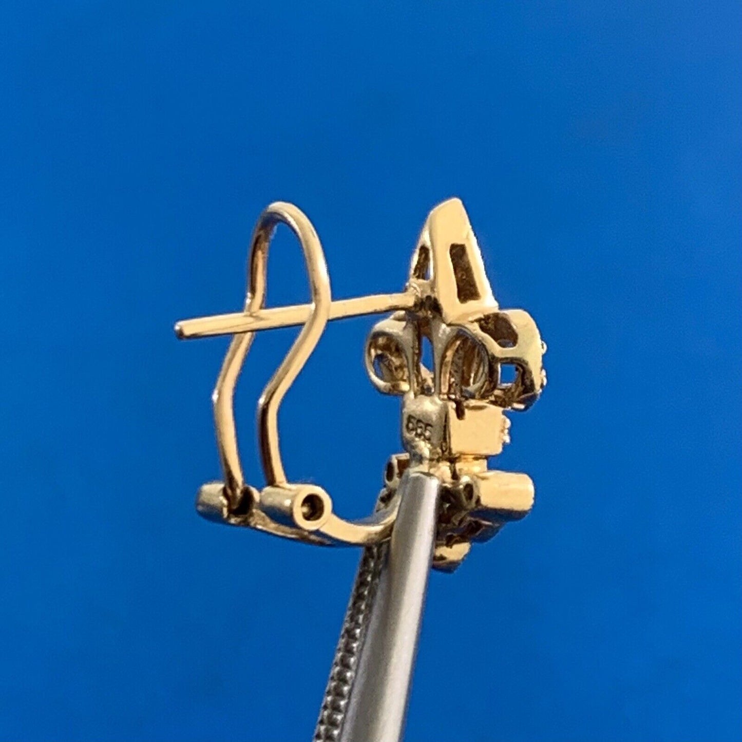 Designer 14K Yellow Gold Diamond Fleur De Lis Omega Back Stud Earrings