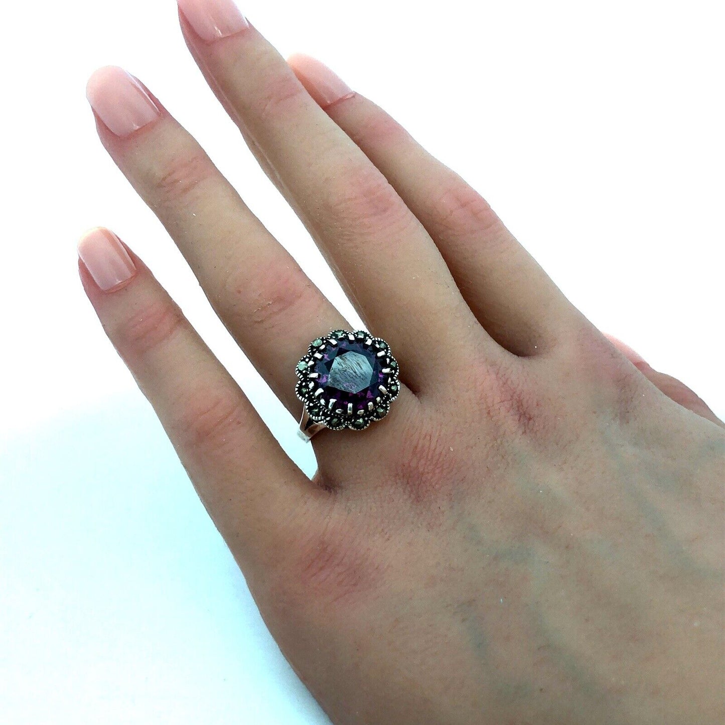 Vintage F 925 Sterling Silver Round Amethyst Marcasite Flower Cocktail Ring