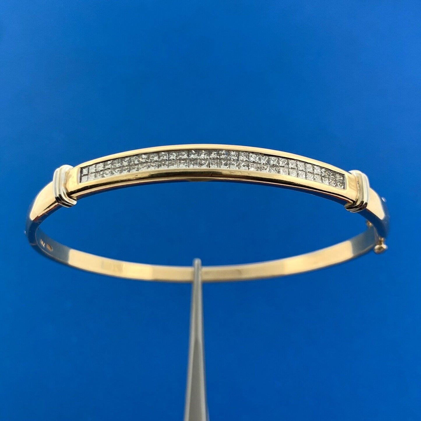 Designer 14K Yellow Gold Princess Channel Set Diamond Hinged Bangle Bracelet