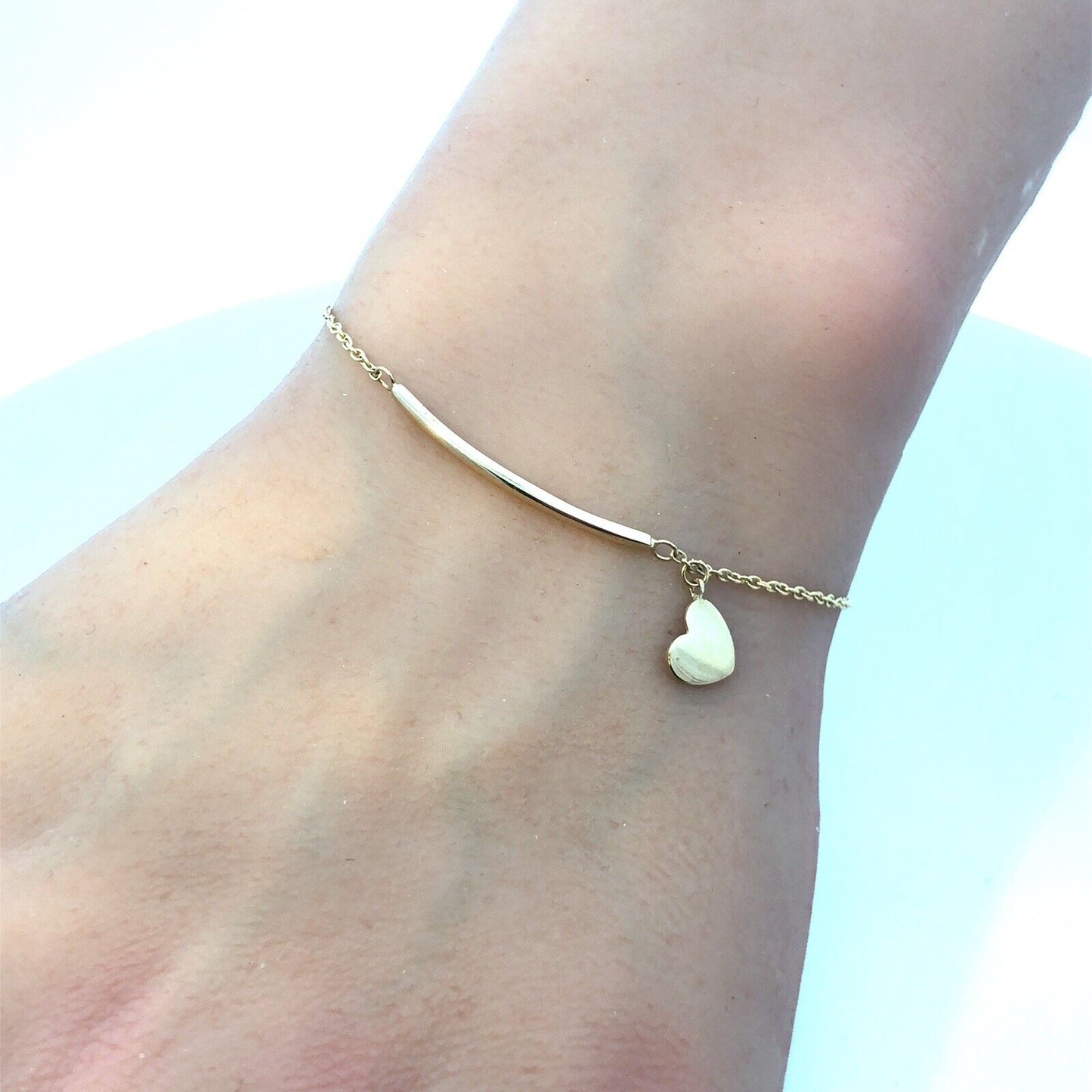Designer ARR 14K Yellow Gold Simple Heart Charm Chain Bar Bracelet