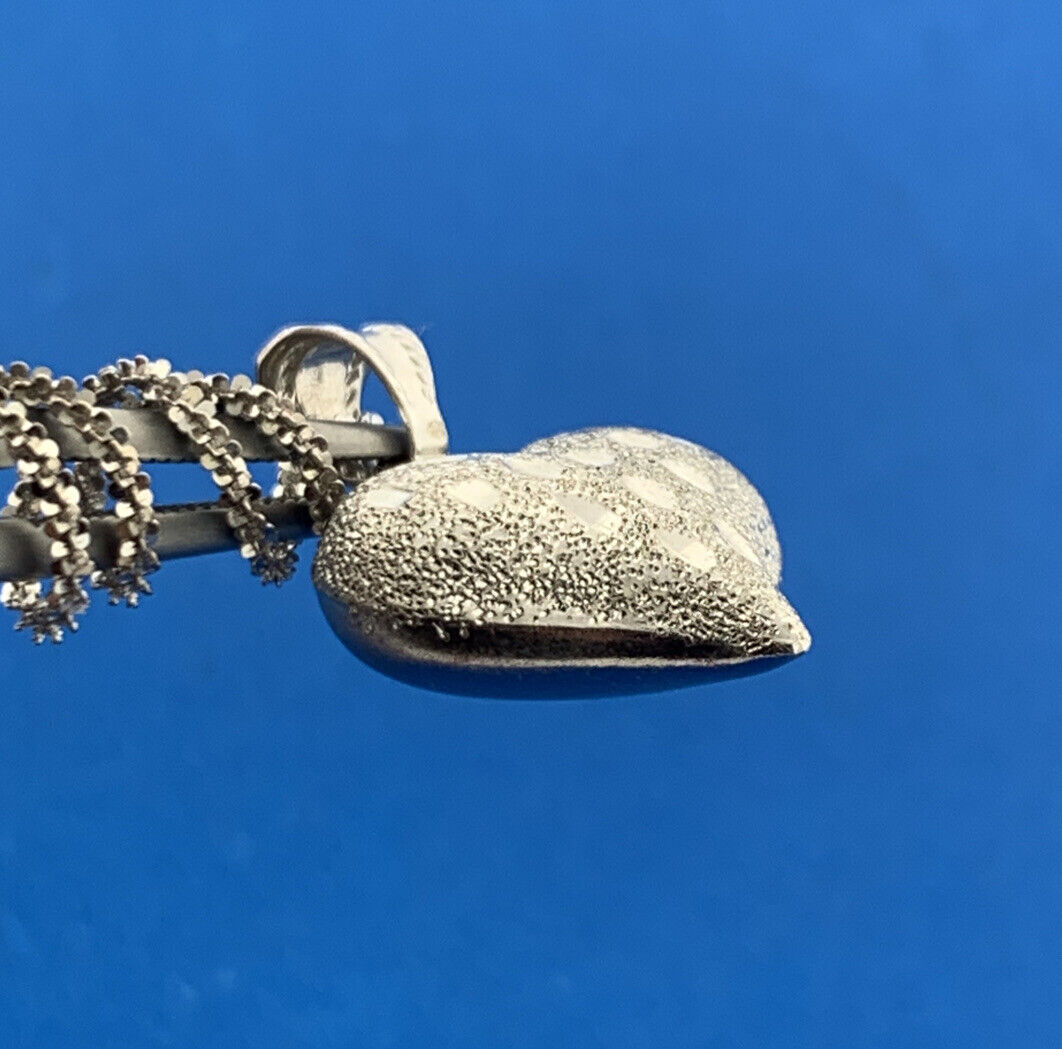 Designer Italy 10K White Gold Polished Diamond Cut Puffy Heart Pendant Necklace