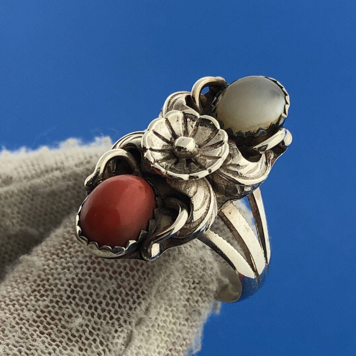 Native American Artisan Sterling Silver Coral Moonstone Elongated Feather Ring
