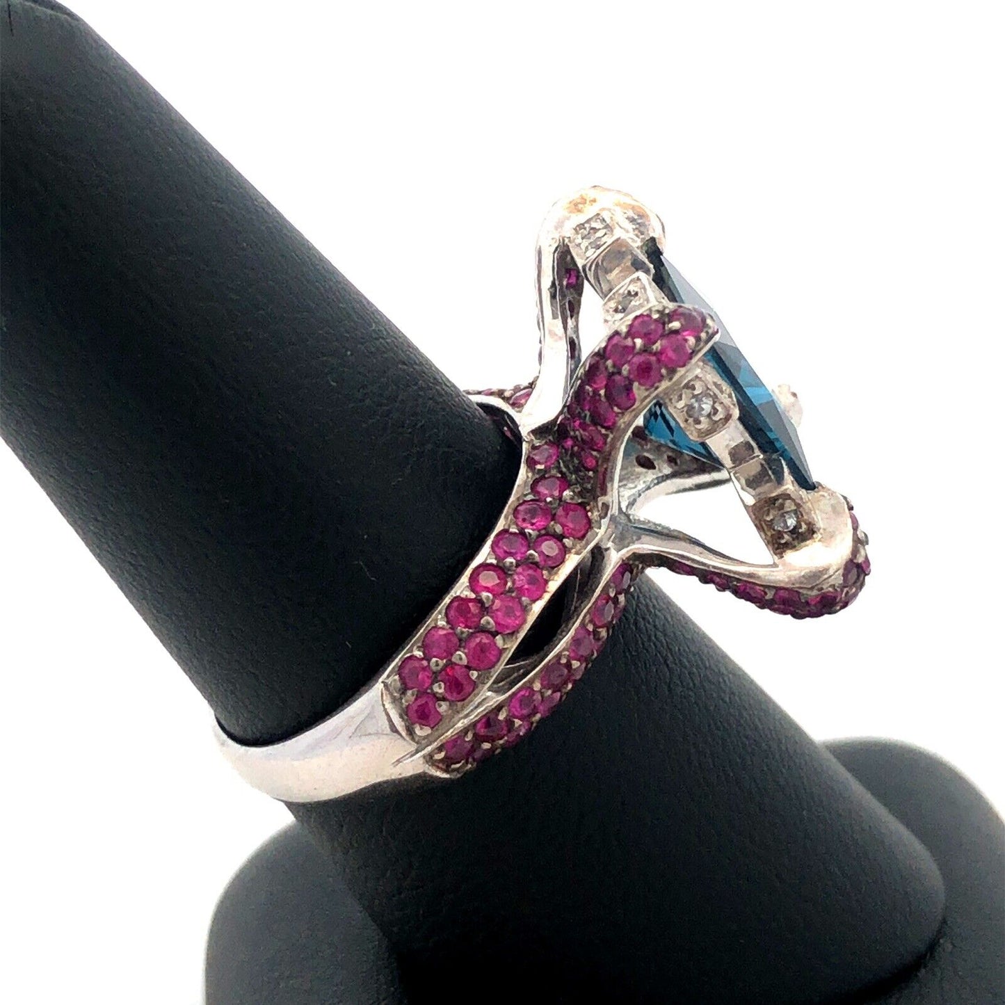 Sterling Silver London Blue Topaz Ruby Diamond Statement Cocktail Ring
