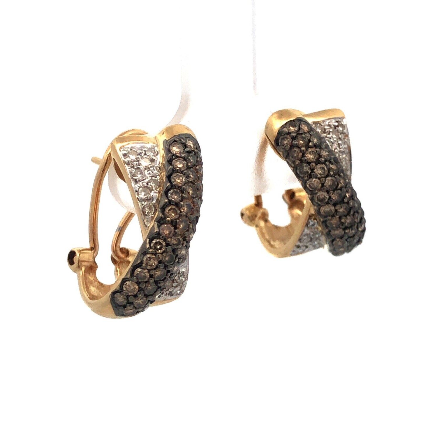 Designer 14K Yellow Gold Diamond Chocolate Vanilla Crossover Half Hoop Earrings