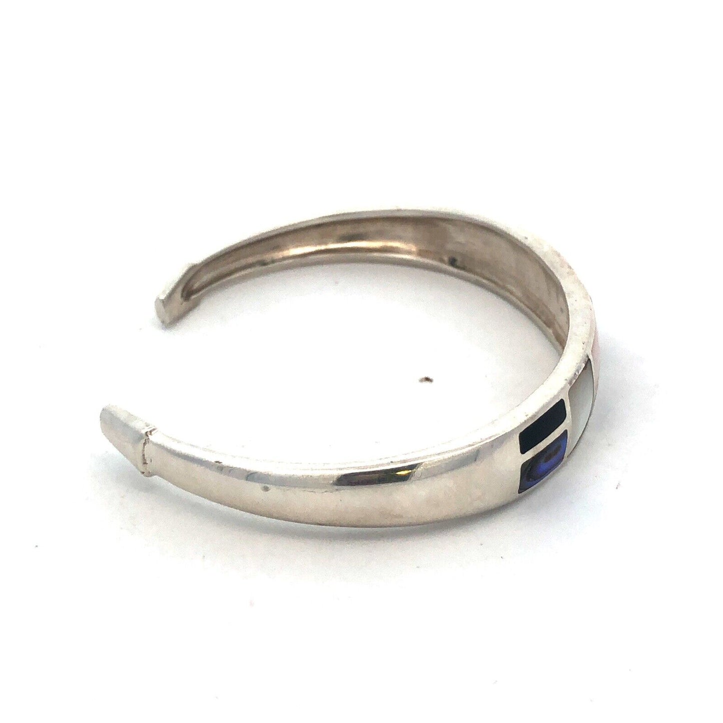 Designer Sterling Silver Abalone Mother Of Pearl Onyx Inlay Open Cuff Bracelet