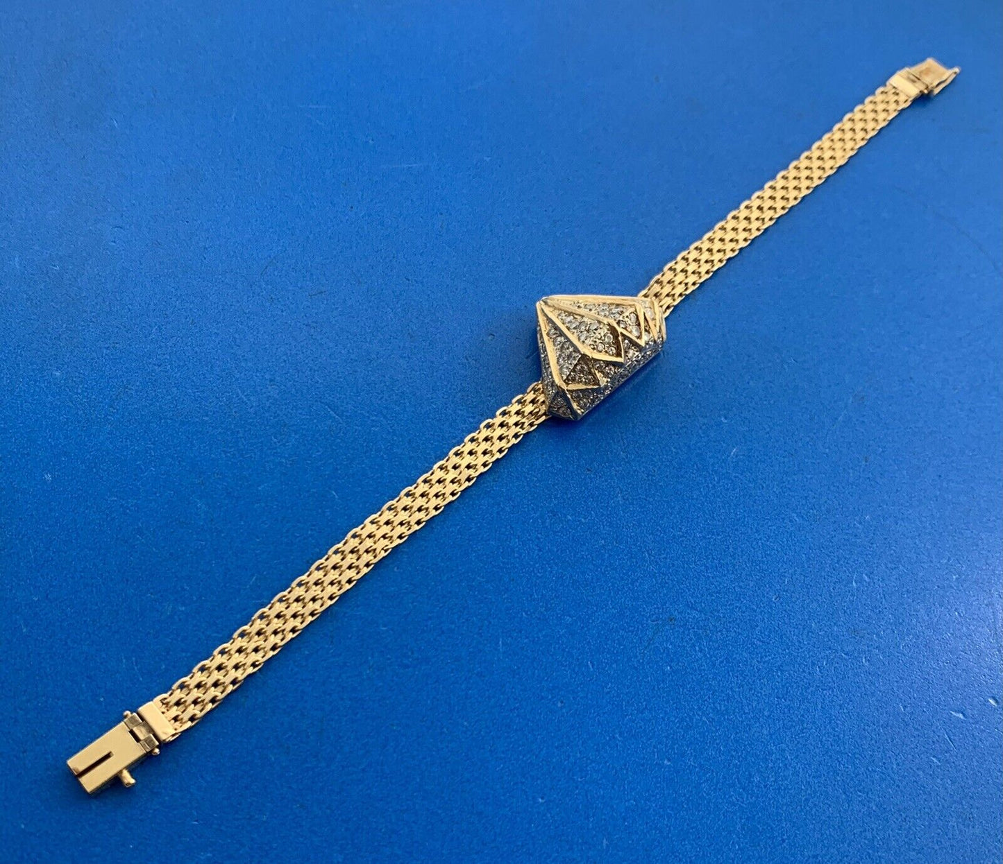 Estate 14K Yellow Gold Custom Round Diamond Statement Mesh Link Bracelet