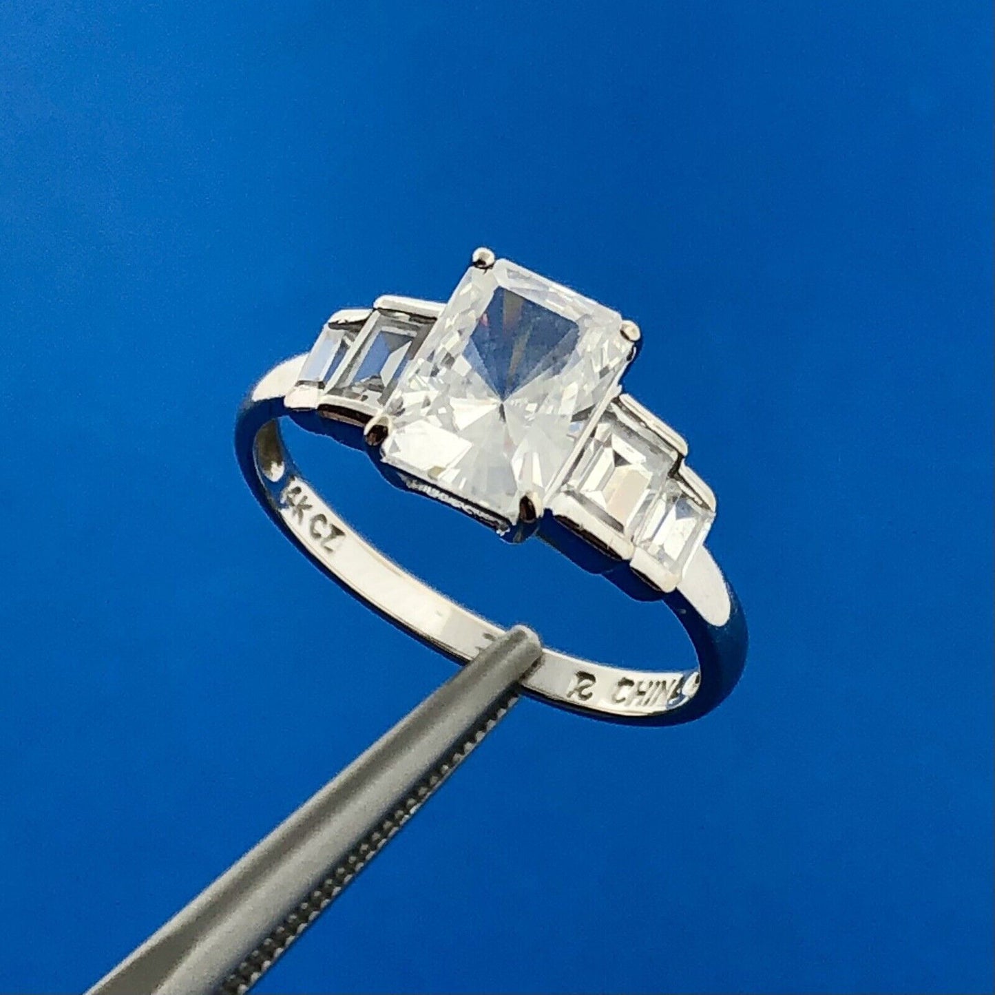 Designer 14K White Gold Rectangle Cubic Zirconia CZ Engagement Promise Ring