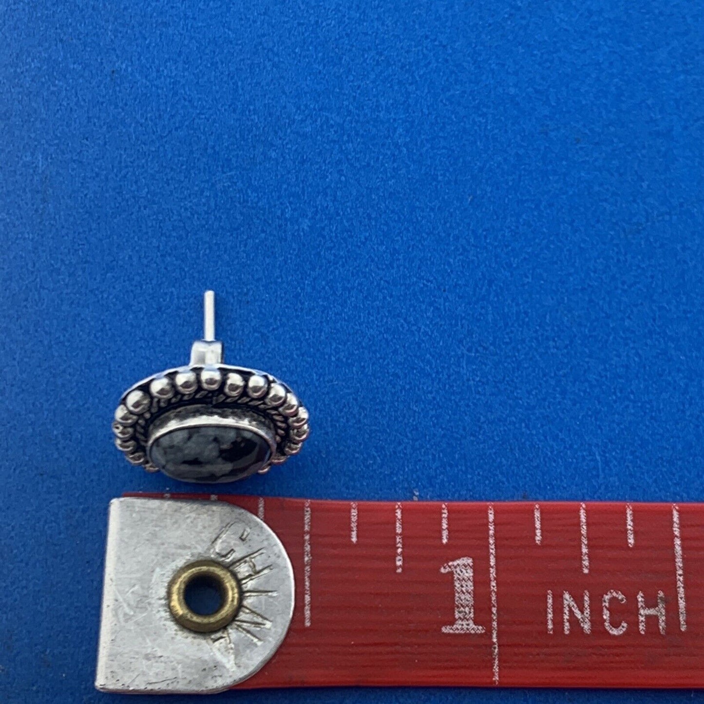 925 Sterling Silver Black White Snowflake Obsidian Oval Stud Earrings