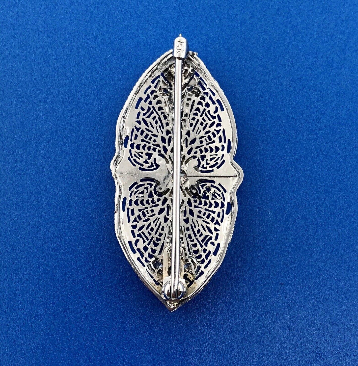 Art Deco 14K White Gold Diamond Emerald Floral Filigree Bar Pin Brooch Pendant