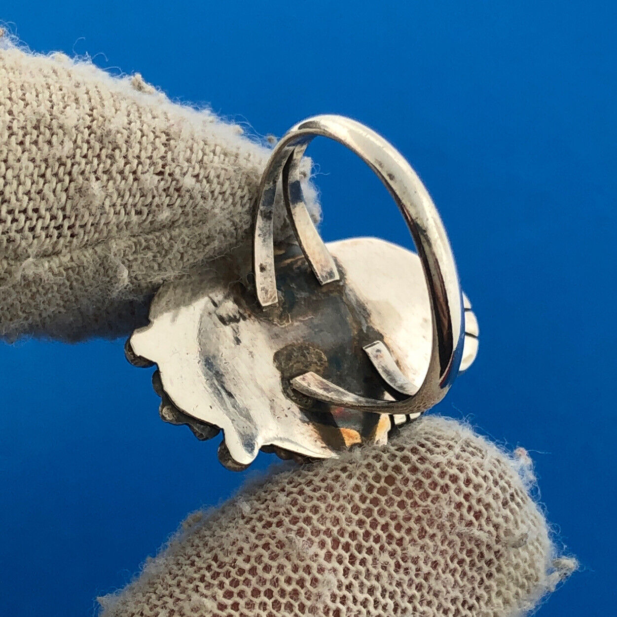 Native American Sterling Silver Ring Oval Mother Of Pearl Squash Blossom Ring