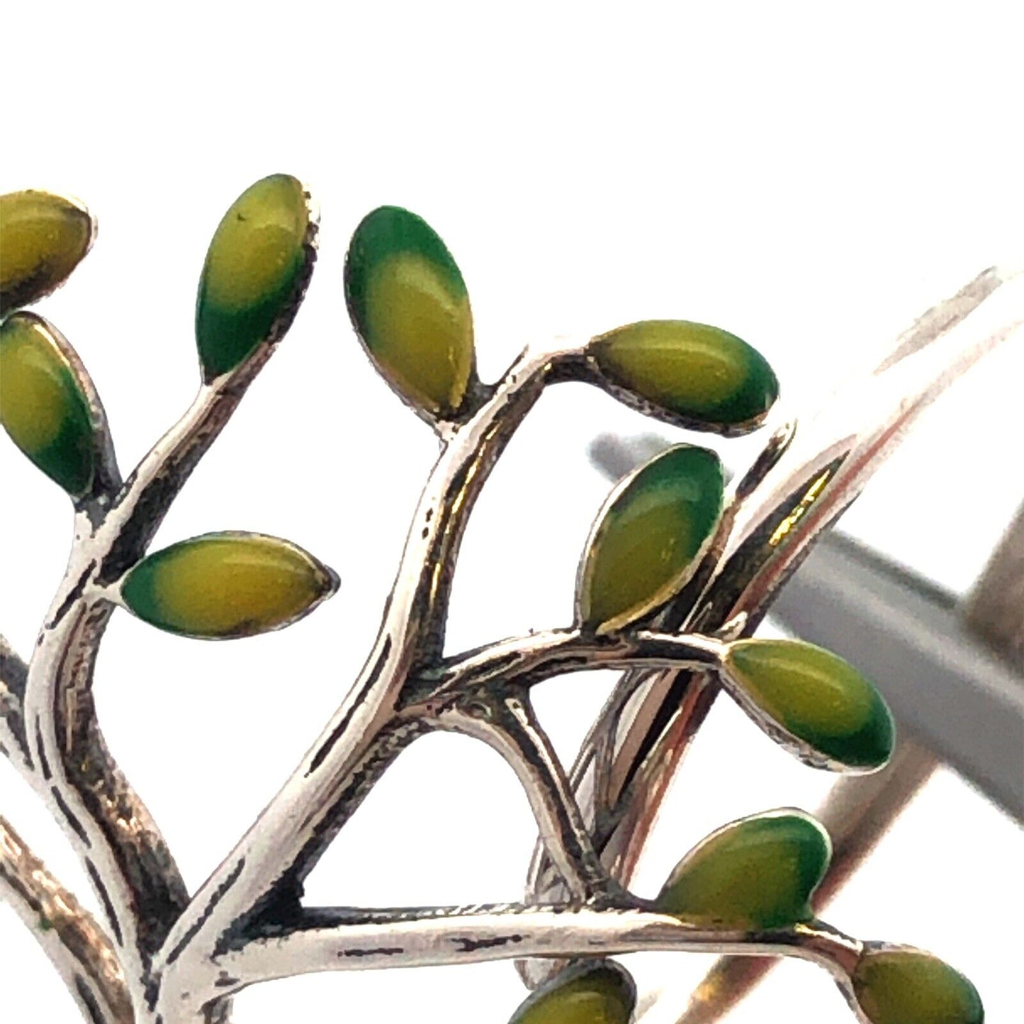 925 Sterling Silver Vintage Green Enamel Tree Of Life Leaves Nature Ring