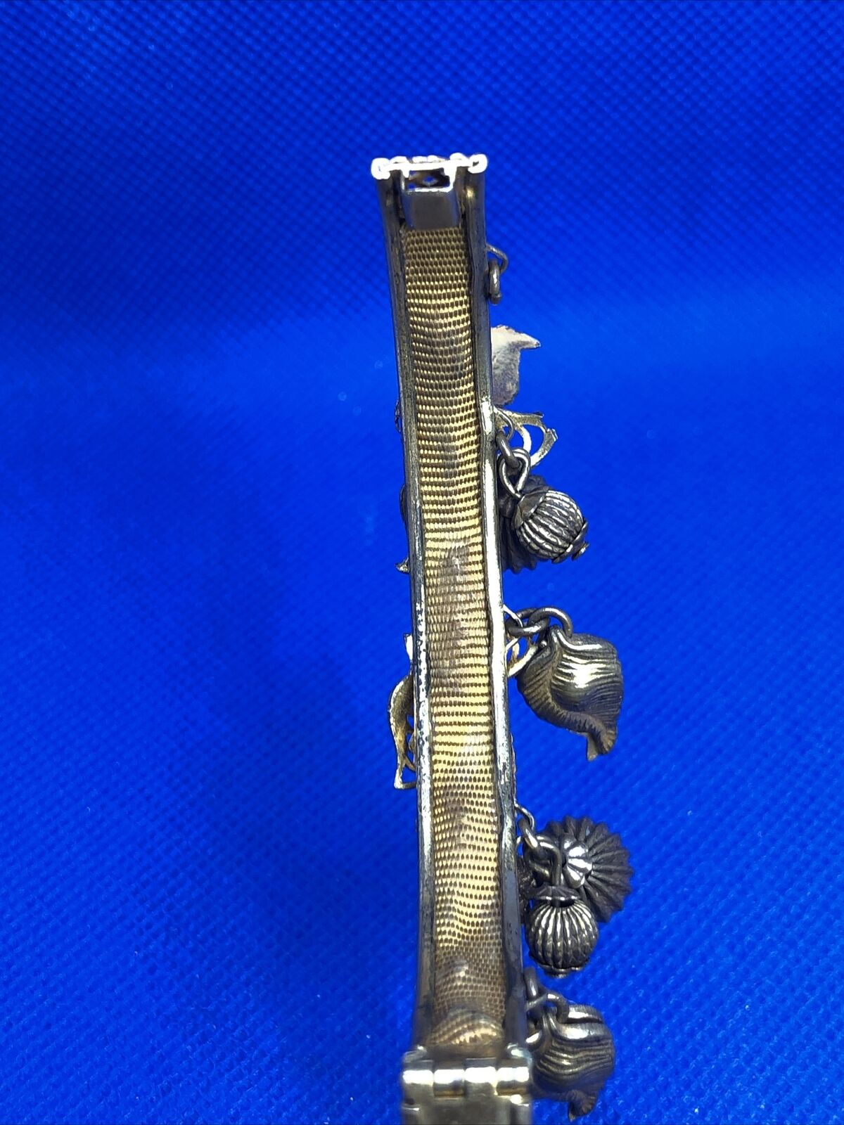 Art Nouveau Gold Tone Floral Theme Dangle Charm Hinged Cuff Bracelet
