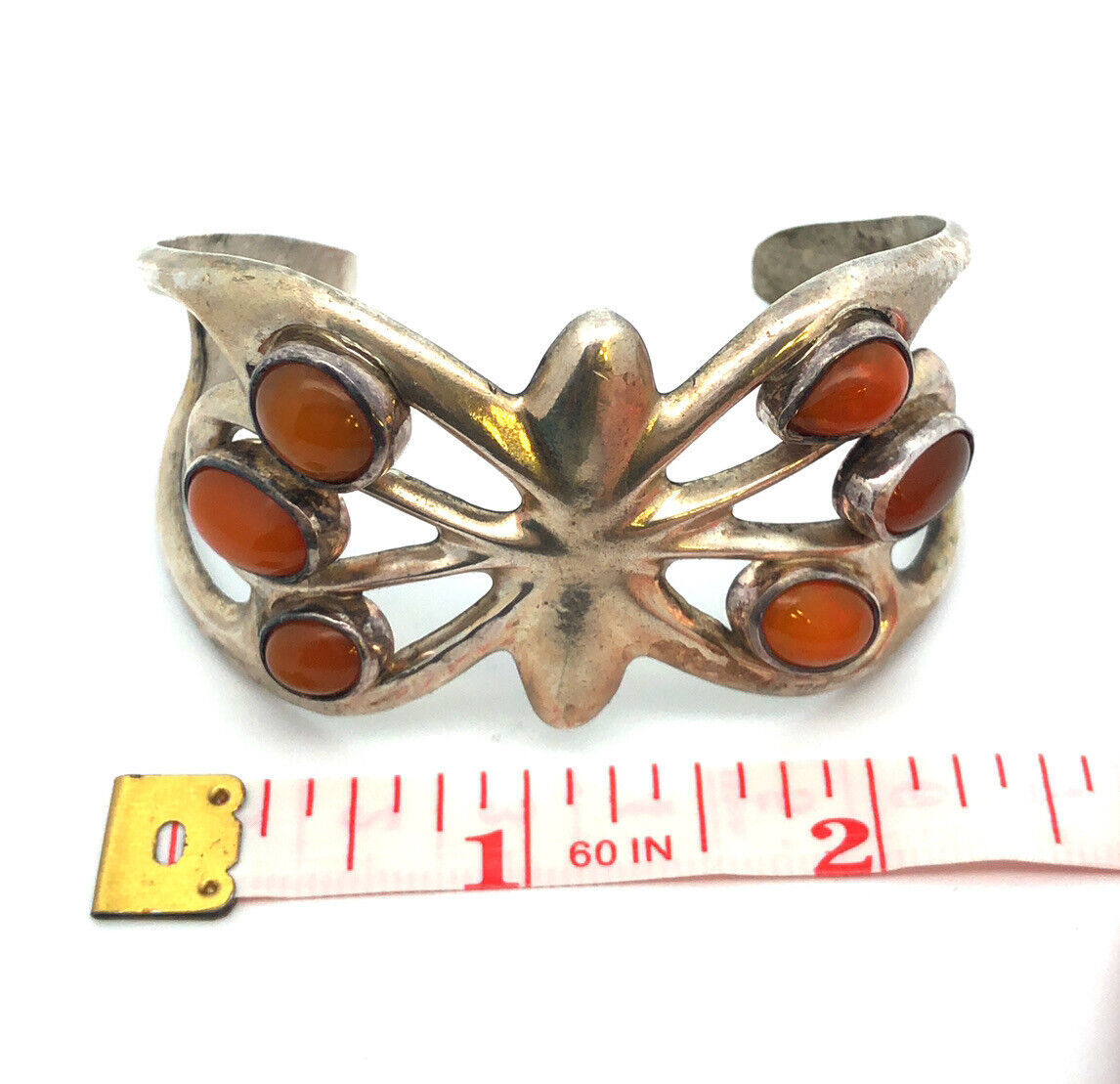 Modernist 925 Sterling Silver Mexican Fire Opal Butterfly Open Cuff Bracelet