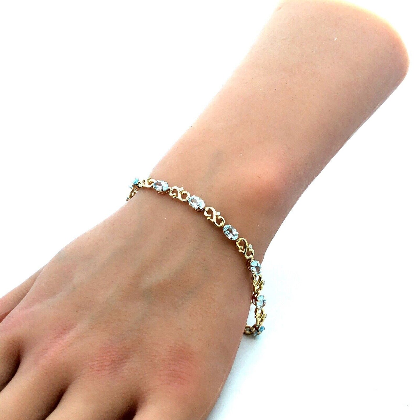 Designer MC 10K Yellow Gold Oval Aquamarine Diamond Infinity Tennis Bracelet