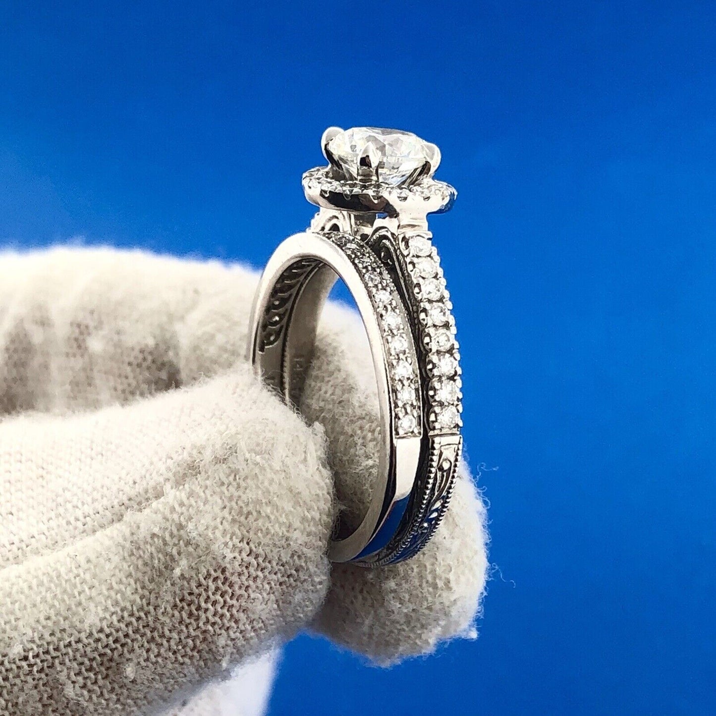 Designer 14K White Gold Round Diamond Solitaire W Halo Accents 2 Ring Bridal Set