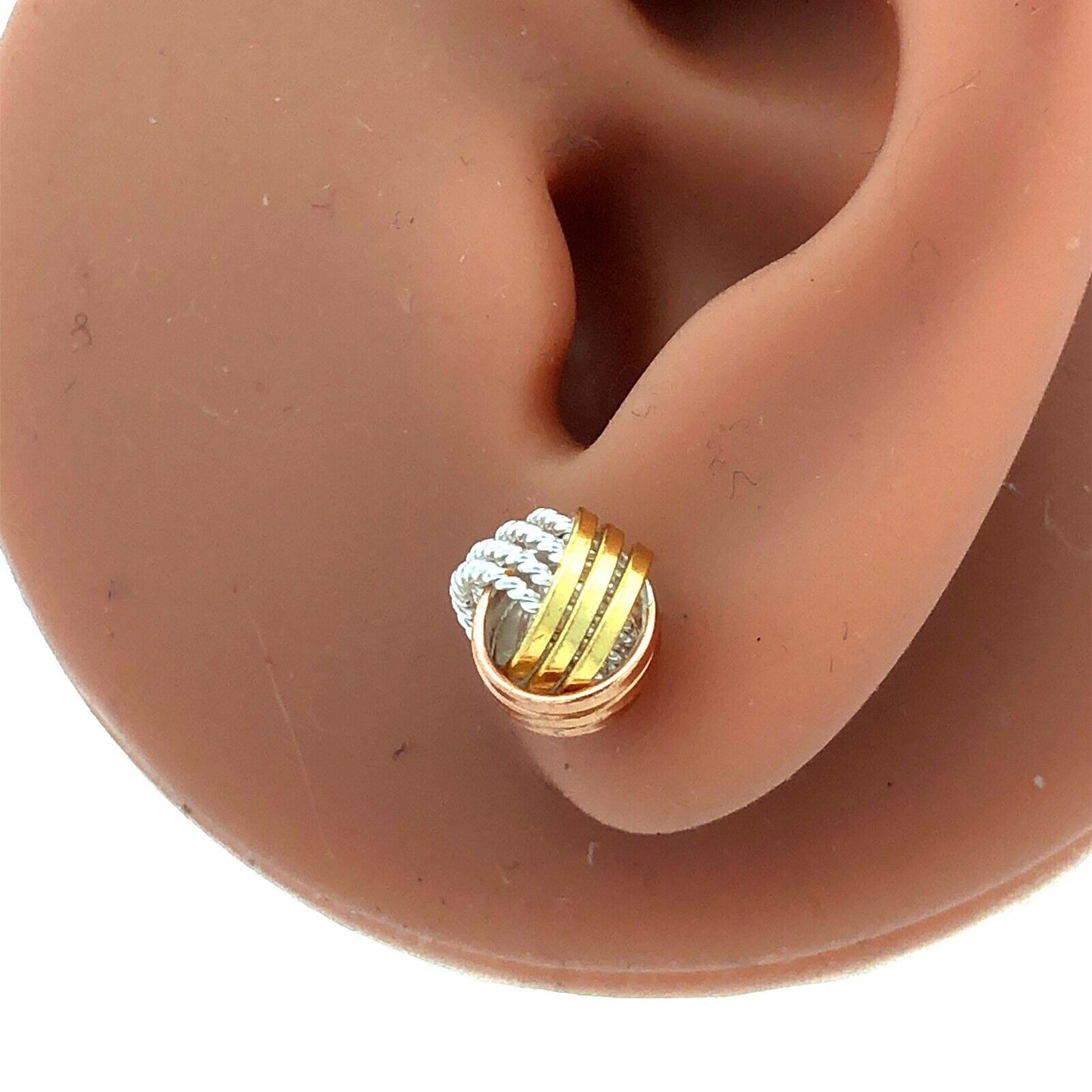 Designer 925 Sterling Silver Vermeil Tri-Tone Textured Twist Knot Stud Earrings
