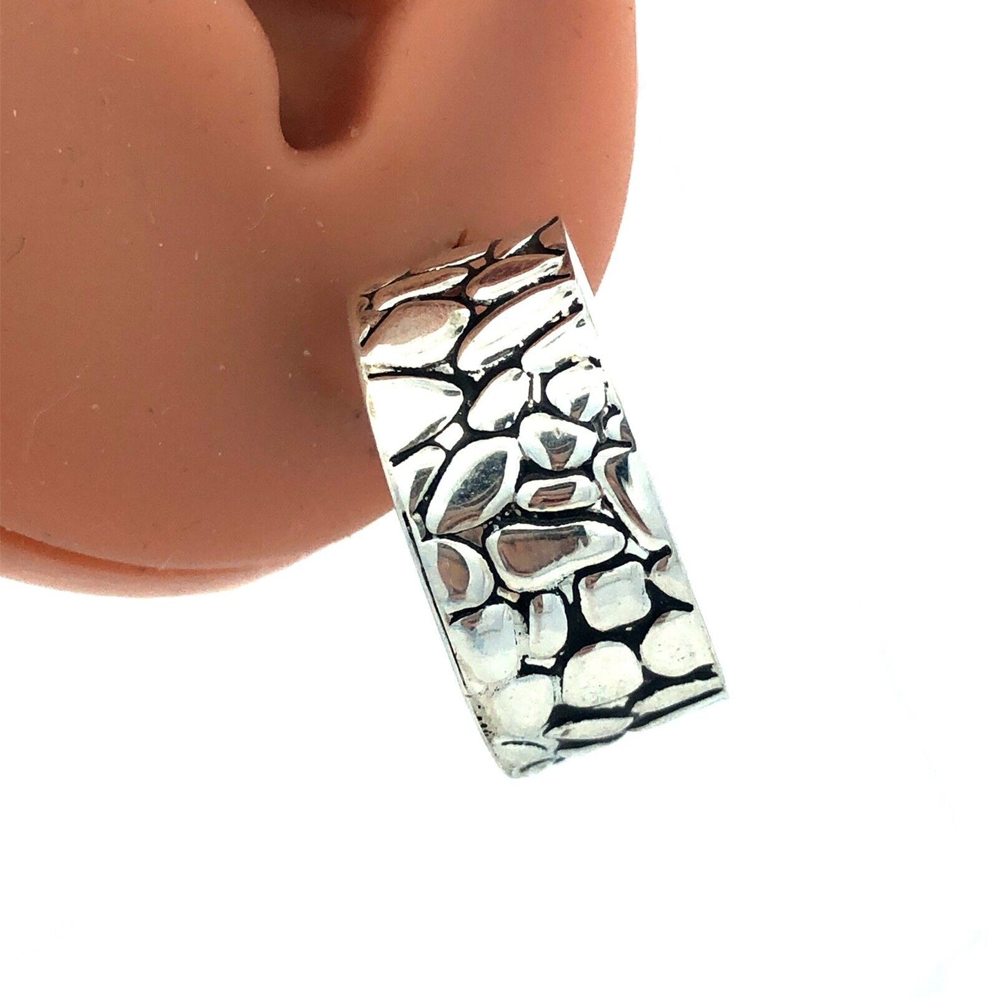 Designer HDB Mexico 925 Sterling Silver Pebbled Cobblestone Wide Hoop Earrings