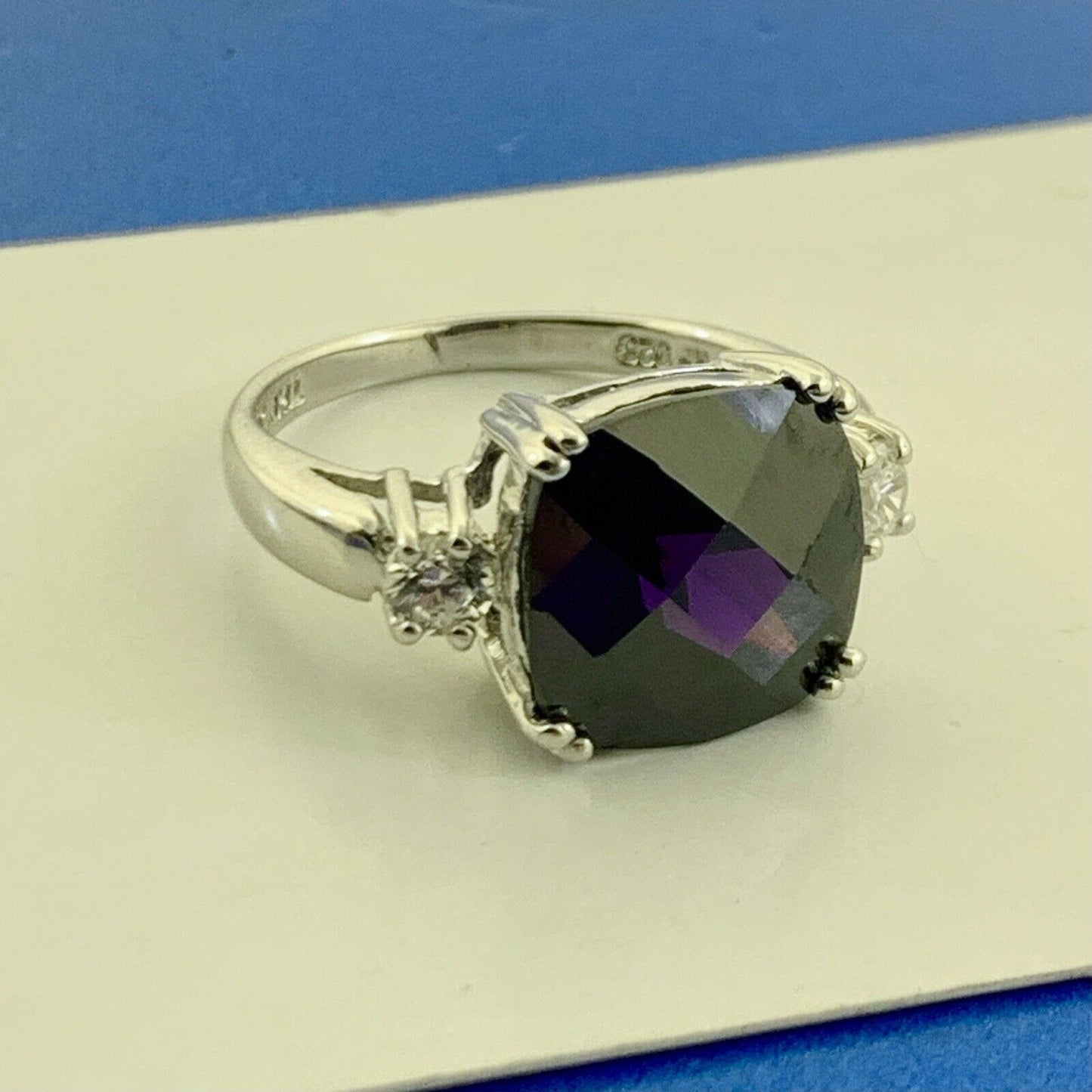 Designer 925 Sterling Silver Cushion Cut Amethyst & Cubic Zirconia Cocktail Ring
