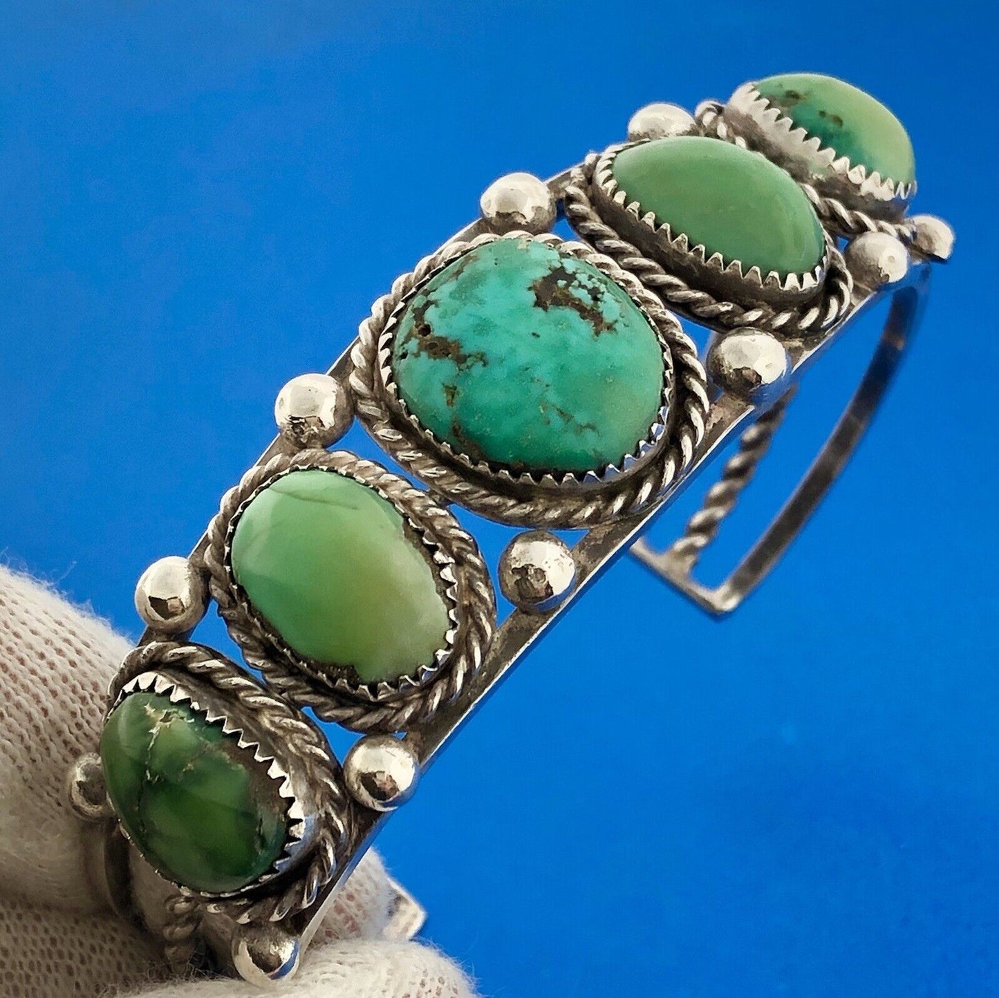 Estate Native American Sterling Silver Turquoise Chunky Cabochon Cuff Bracelet
