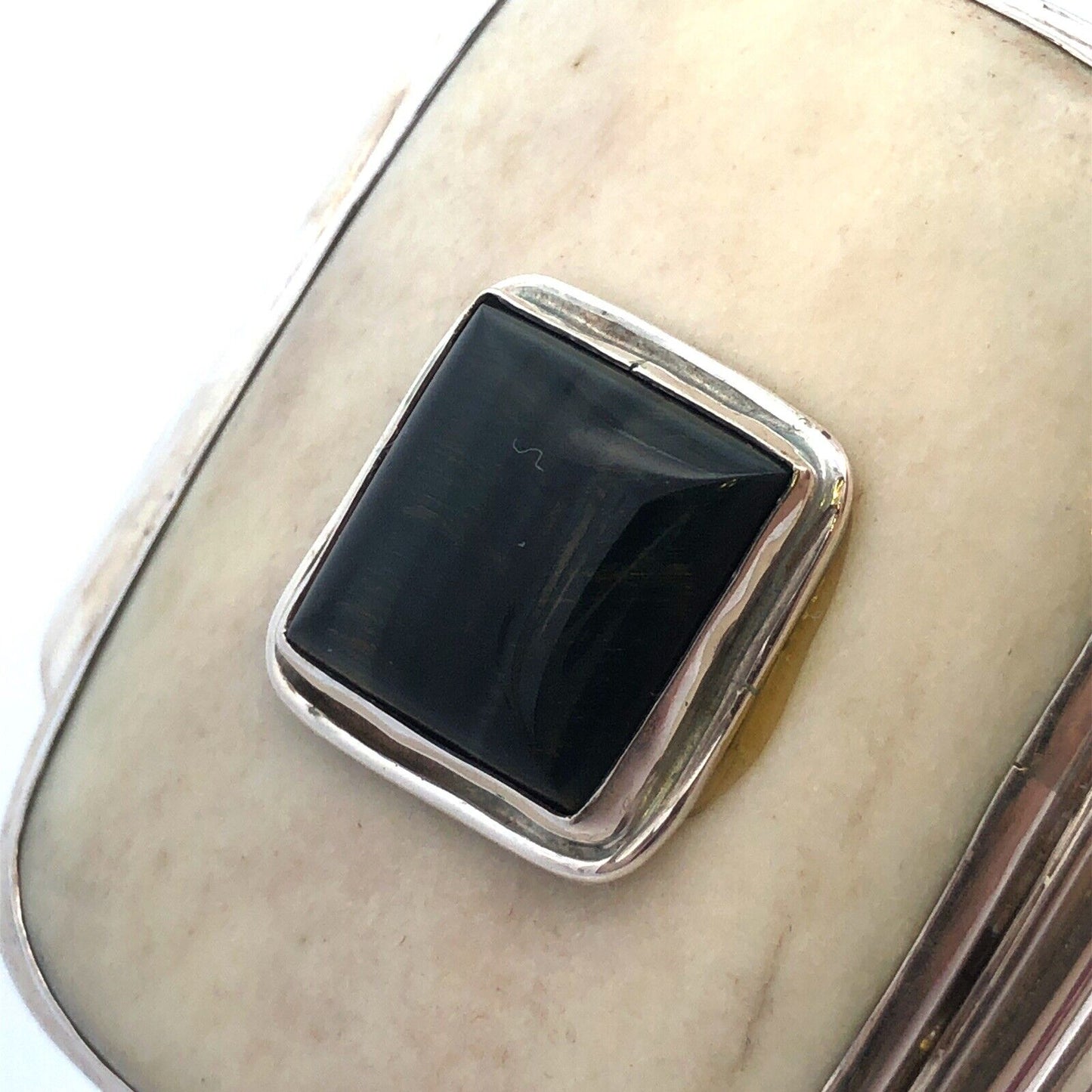 925 Sterling Silver Resin Black Tigers Eye Wide Cuff Bracelet