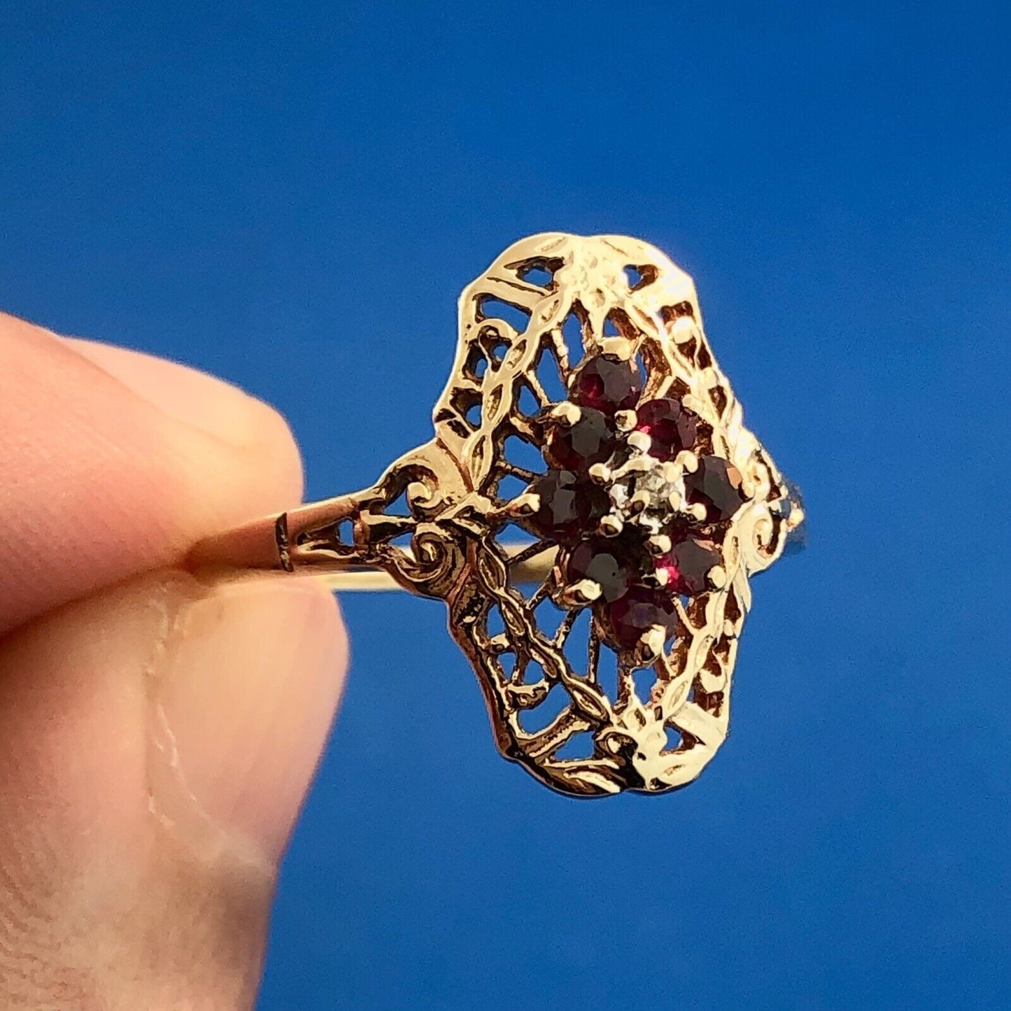 Designer JGL 10K Yellow Gold Ruby Diamond Filigree July Anniversary Ring